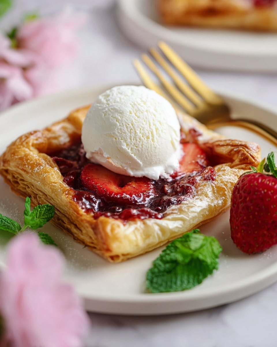 A white plate holds a square pastry with golden-brown, puffy edges that are slightly crisp. The center of the pastry is filled with dark red strawberry jam and sliced strawberries. On top of the jam, there is a white scoop of vanilla ice cream that looks soft and creamy, slightly melting over the jam. A gold fork is placed near the edge of the pastry, with its prongs touching the pastry's crust. Fresh green mint leaves and a whole red strawberry rest near the fork on the plate. The plate sits on a white marbled surface, with soft pink flowers blurred in the foreground. photo taken with an iphone --ar 4:5 --v 7