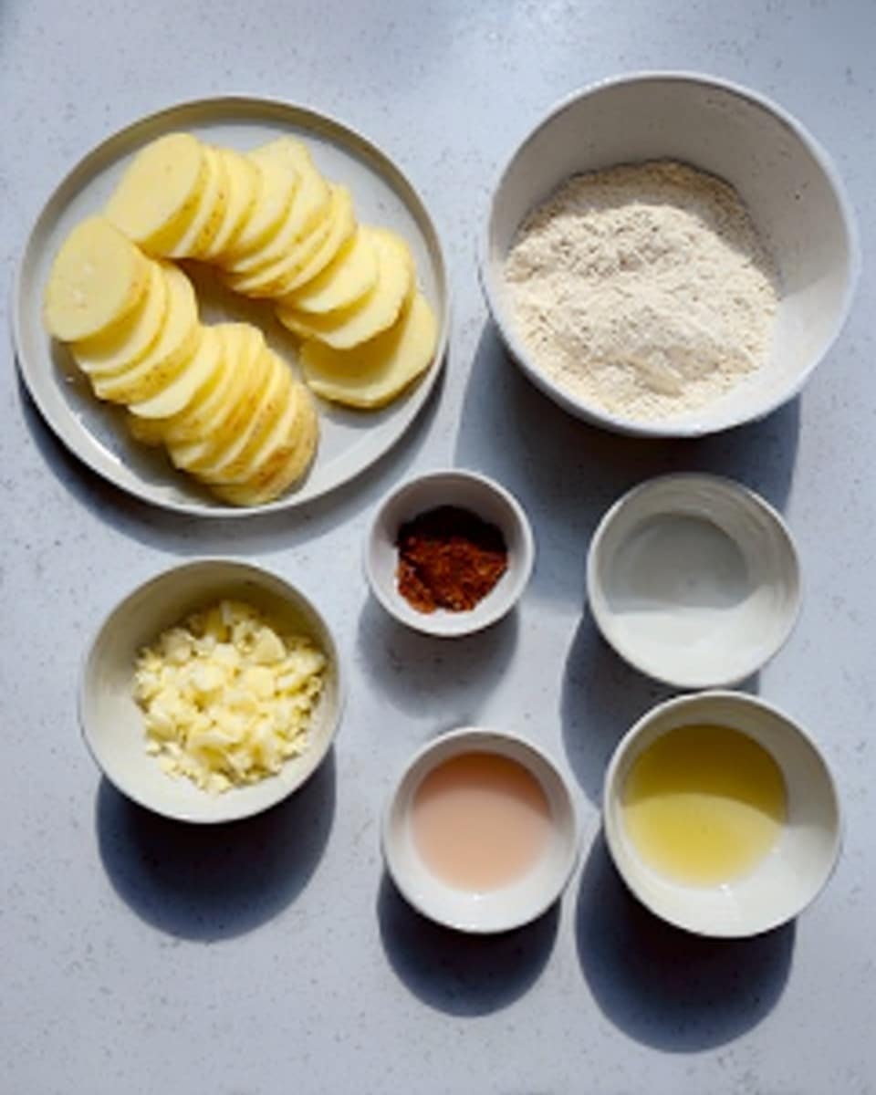 The image shows seven white bowls and plates arranged on a white marbled surface. On the top left, there are light yellow sliced potatoes stacked neatly on a white plate. Next to it, a white bowl holds light beige flour with a soft, powdery texture. To the right, an empty white bowl is placed. Below these, four smaller white bowls contain different ingredients: one with finely chopped pale yellow garlic, another with a small amount of dark reddish-brown paste, one with a pinkish liquid, and the last with a shiny pale yellow oil. The arrangement is clean and organized, with natural lighting highlighting the colors and textures of the ingredients. photo taken with an iphone --ar 4:5 --v 7