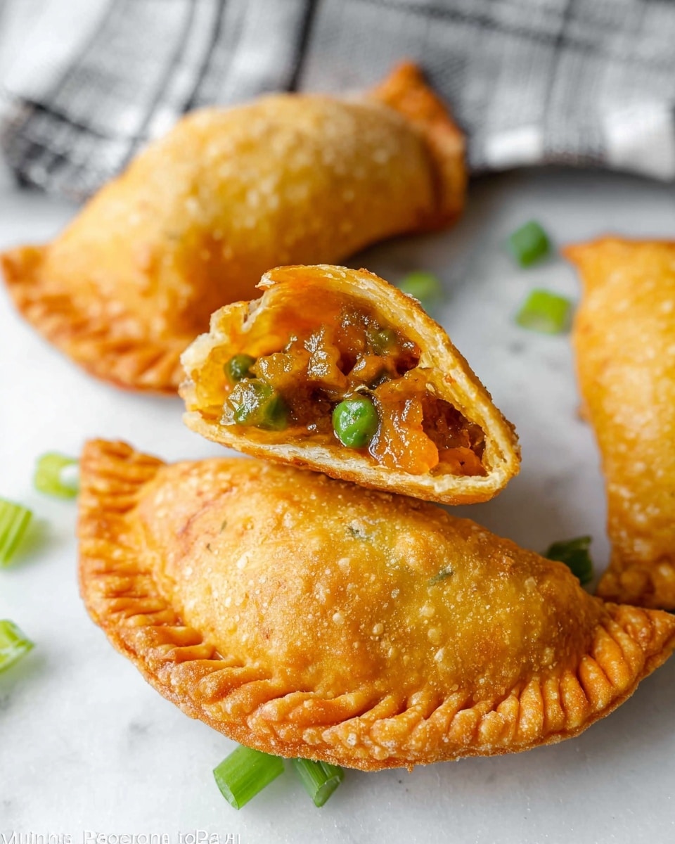 The image shows a few golden-brown fried pastries with a crispy, slightly rough texture. One pastry is open on the top side, revealing a savory filling made of small green peas and a shiny orange-brown mix that looks saucy with chunky bits. The pastries have a thick, ridged edge that is darker orange and crimped to close the filling. They are placed on a white marbled surface with a gray and white checkered cloth partially visible in the background. Bright green onion pieces are scattered nearby, adding small pops of fresh color. Photo taken with an iphone --ar 4:5 --v 7