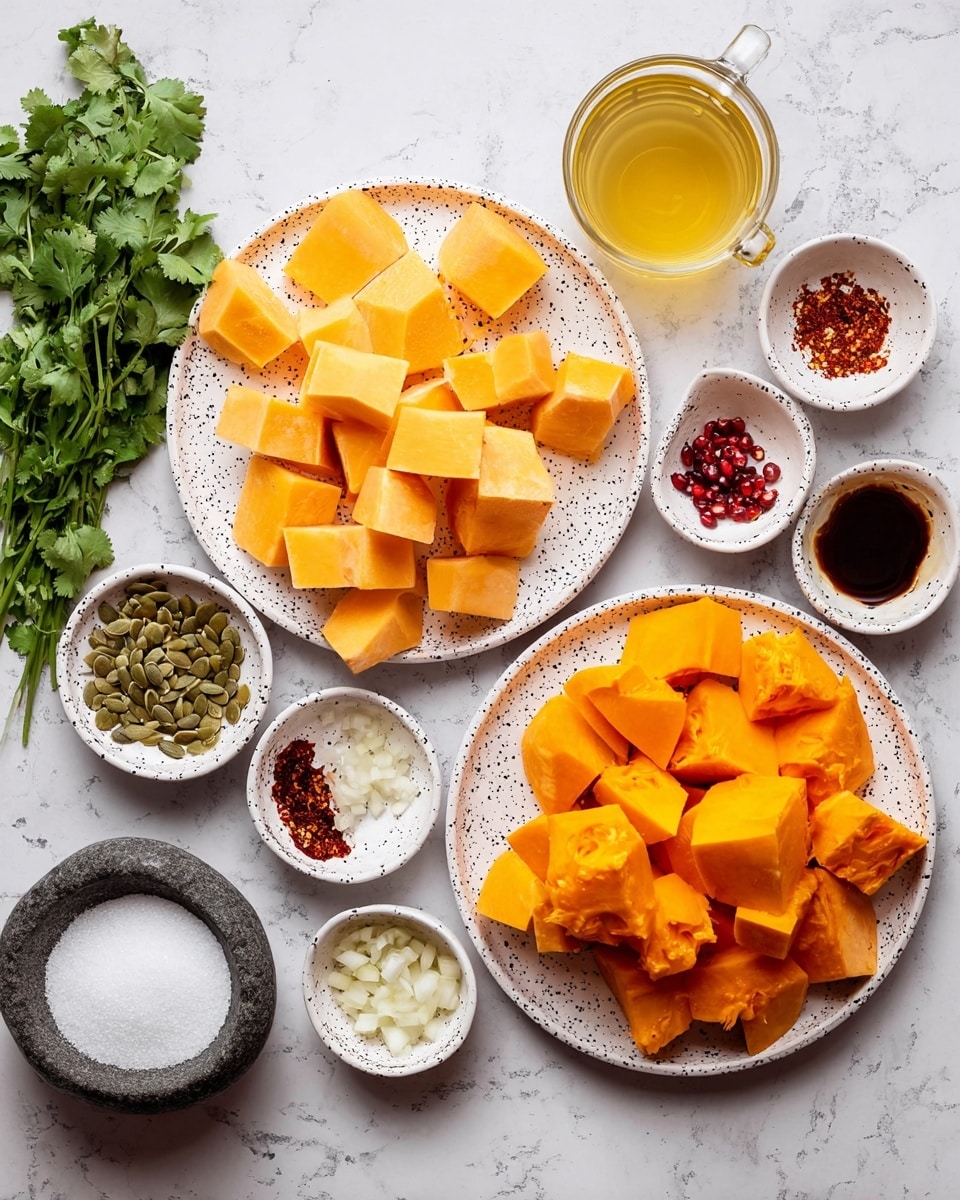 Two white plates with black speckles are filled with chunks of peeled pumpkin; the plate on the left holds lighter orange pieces while the plate on the right has deeper orange chunks, some hollowed out. Surrounding the plates are small white bowls containing various ingredients including chopped onions, minced garlic, red paste, dark soy sauce, red chili flakes, pumpkin seeds, and olive oil. There is also a glass cup with a yellowish broth and a small stone bowl with white salt. All items are arranged neatly on a white marbled surface with a bunch of fresh cilantro on the left side. photo taken with an iphone --ar 4:5 --v 7