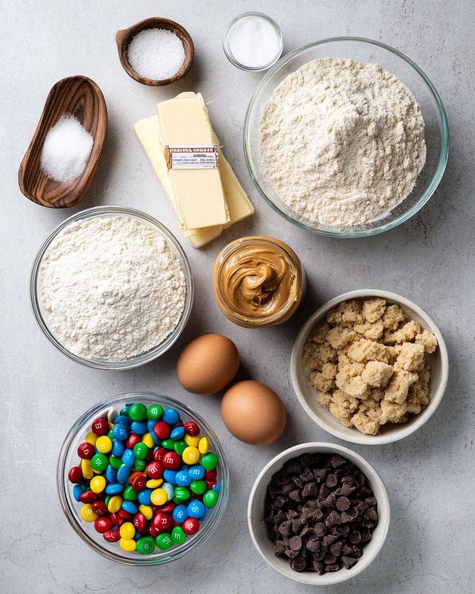 The image shows a collection of baking ingredients neatly placed on a white marbled surface. There are eleven items arranged mostly in a scattered way: on the left, a small wooden dish holds white salt, next to a medium clear glass bowl filled with white flour above a smaller clear bowl with light brown flour; a tiny clear bowl contains white baking soda. At the center, a jar of creamy peanut butter sits above two sticks of unsalted butter in white paper wrapping, with two brown eggs beside them. On the right side, a small glass bowl holds brown sugar, a white bowl is full of colorful M&M candies, and another white bowl contains dark chocolate chips. At the bottom left, a medium clear bowl is filled with white granulated sugar. The colors range from the white powders to the brown and yellow tones of peanut butter, butter, and sugar, plus the vivid multicolor of the candies. The photo taken with an iphone --ar 4:5 --v 7
