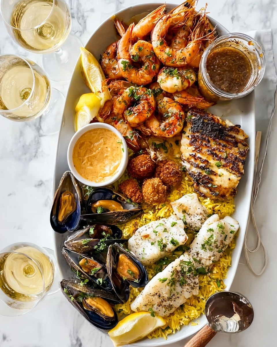 A large white oval platter holds a colorful seafood dish on a white marbled surface. On the top left, there is a layer of cooked, orange shrimp with some green herbs sprinkled on them. Below the shrimp, fried golden-brown crispy pieces of seafood add texture. To the bottom left, shiny black mussel shells reveal vibrant orange mussel meat inside. Two lemon wedges with bright yellow skin sit next to a small bowl of creamy orange sauce. On the right side of the platter, white fish fillets with green herbs rest on a bed of yellow rice. Above the fillets, white grilled fish steak with some char marks is placed. A small glass bowl of brown dipping sauce with a wooden handle is near the top right. Two glasses of light yellow drink are visible on the marbled surface. photo taken with an iphone --ar 4:5 --v 7