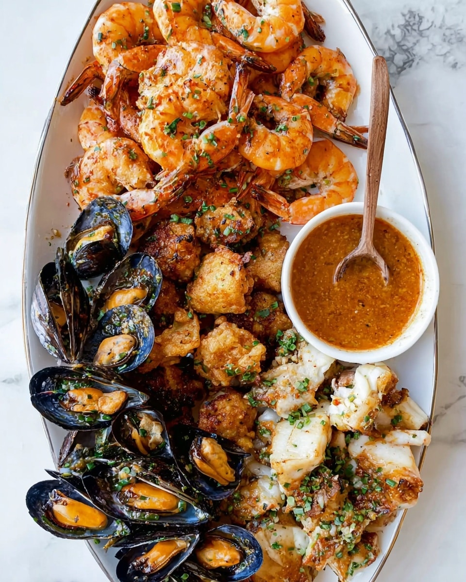 The dish is served on a white oval plate placed on a white marbled surface. There are four main layers arranged side by side. On the top left, a pile of cooked whole shrimp with orange shells and small green herb bits sprinkled over them. Below the shrimp, there is a mound of golden-brown fried seafood pieces with a crispy texture and some green herbs sprinkled on top. On the bottom left, dark blue-black mussel shells opened to show bright orange mussel meat inside, also decorated with small green herbs. On the right side of the plate, pieces of white cooked fish with light browning around the edges and sprinkled with green herbs. Near the top right corner of the plate, a small white bowl filled with orange-colored sauce sits with a wooden-handled spoon resting inside. Photo taken with an iphone --ar 4:5 --v 7