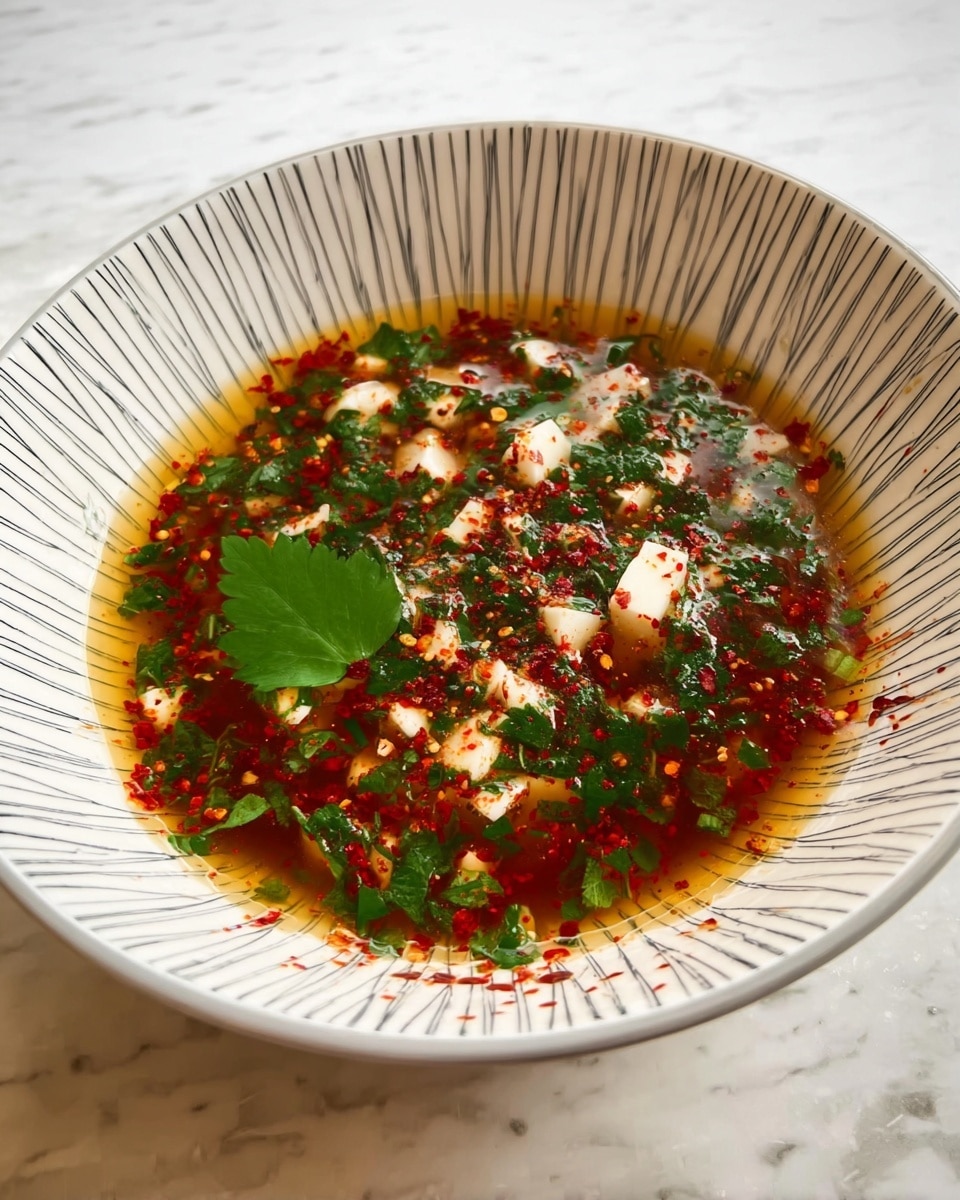 A white bowl with gray triangular and line patterns holds a thin liquid layer with a golden-brown color. Floating on top are small white cubes, evenly spread, and green chopped herbs scattered throughout. Red chili flakes are sprinkled on the surface and edges, giving a speckled look. A single larger green leaf rests near the center, adding a fresh touch. The bowl sits on a white marbled surface. photo taken with an iphone --ar 4:5 --v 7