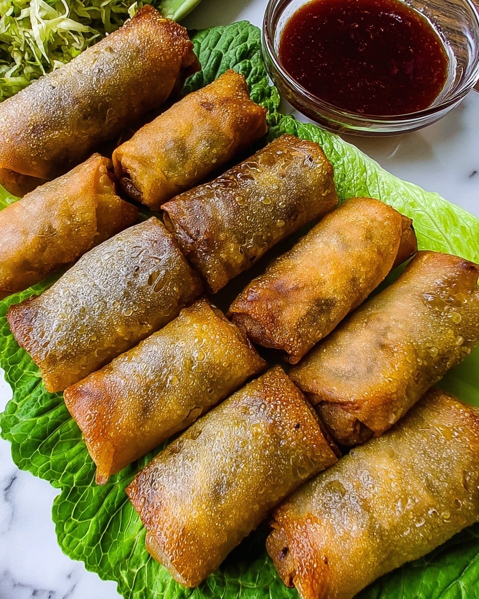 The image shows eight golden brown spring rolls arranged in two rows on large green cabbage leaves, which create a fresh bed underneath. The spring rolls have a crispy, slightly wrinkled texture with tiny bubbles on the surface. Behind the rolls, there is a glass bowl filled with a dark red dipping sauce. The whole scene is set on a white marbled surface. photo taken with an iphone --ar 4:5 --v 7