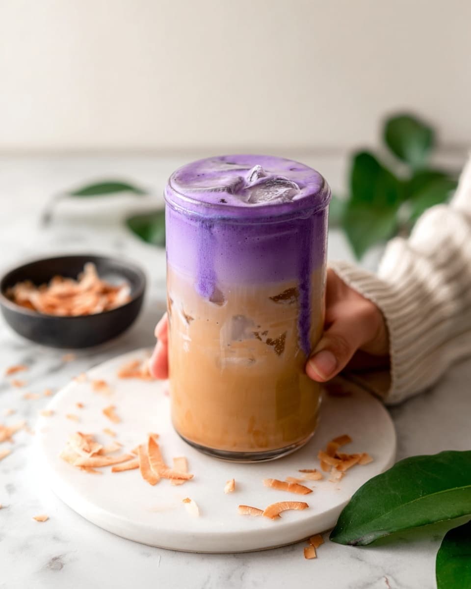 The image shows a clear glass filled with a two-layered drink. The bottom layer is a smooth light brown color with a few ice cubes visible inside, making up about two-thirds of the glass's height. The top layer is a thick, vibrant purple foam that softly drips down into the brown layer below. The glass is held by a woman's hand wearing a light cream sweater. The drink is placed on a round white marble plate scattered with a few light brown toasted coconut flakes, with a small black bowl containing more flakes in the background and some green leaves to the side. The surface under the plate is a white marbled texture. photo taken with an iphone --ar 4:5 --v 7