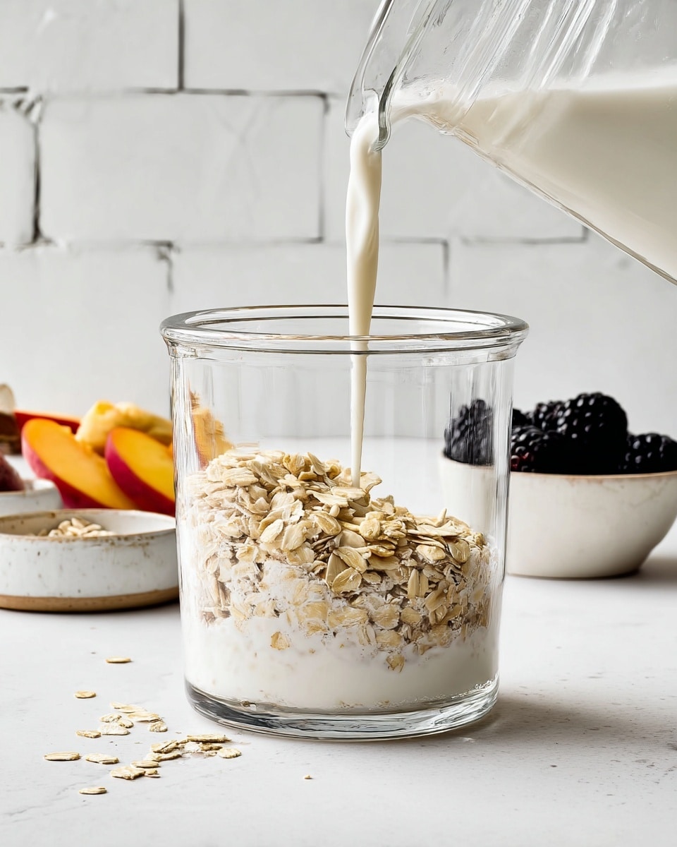 A clear glass cup contains two layers: the bottom layer is soaked oats mixed with white milk showing soft, wet texture, and the top layer is a dry heap of light brown oats. White milk is being poured from a glass jug into the cup, creating a smooth stream. In the background on a white marbled surface, there are small white bowls with cut peach pieces, blackberries, and a few banana slices. A white marbled wall is behind the scene. Photo taken with an iphone --ar 4:5 --v 7