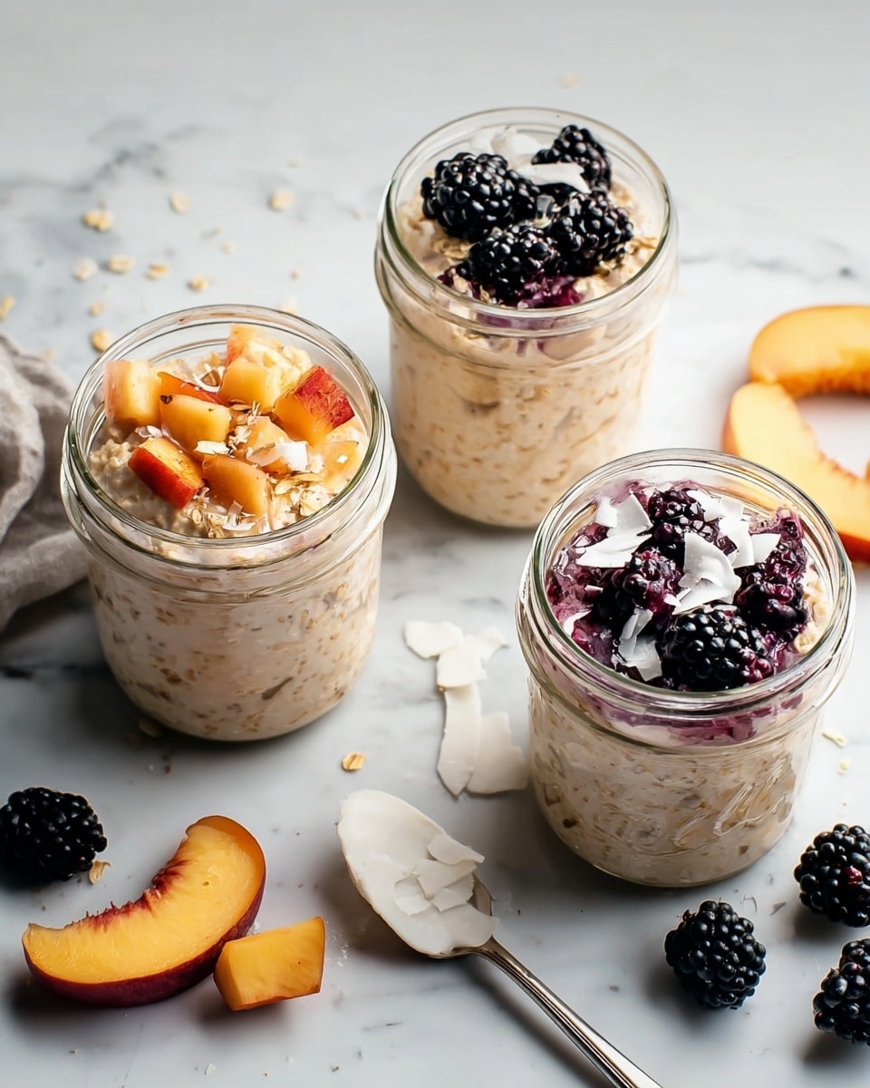 The image shows three glass jars with layers inside them. Each jar has a base layer of creamy oatmeal with a light beige color and a thick texture. One jar is topped with small peach pieces, showing soft orange and reddish skin colors. The other two jars have blackberries on top, dark purple and shiny, along with white coconut flakes that are thin and curled. The jars sit on a white marbled surface with a few peach slices, blackberries, and coconut flakes scattered around. There is also a white spoon near one jar. The photo taken with an iphone --ar 4:5 --v 7