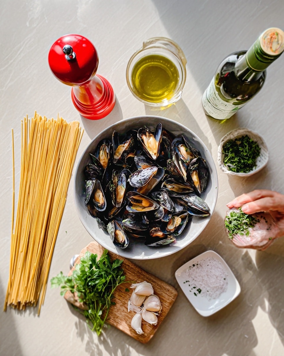The image shows a white round bowl filled with cooked mussels arranged in layers, with opened shells displaying the soft, shiny flesh inside. The bowl is surrounded by ingredients on a white marbled surface: uncooked spaghetti sticks on the left, a red pepper mill, a woman's hand holding a chunk of garlic, a bottle of olive oil, a bottle of white wine, a small white bowl with a few green herbs, a white square dish filled with coarse salt, a small wooden board holding fresh parsley, and a woman's hand sprinkling chopped herbs. The scene is bright and clean, with natural light highlighting the textures and colors of the ingredients. Photo taken with an iphone --ar 4:5 --v 7