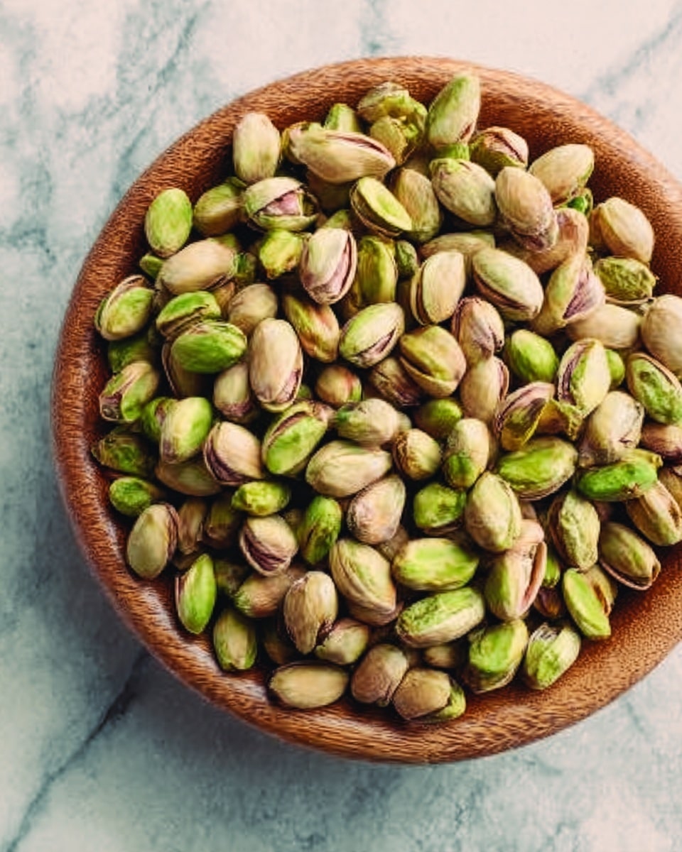 A round wooden bowl filled with many green and light brown pistachio nuts, some partially opened, showing their inner texture. The bowl is placed on a surface with a white marbled texture. The overall look is natural and fresh. Photo taken with an iphone --ar 4:5 --v 7