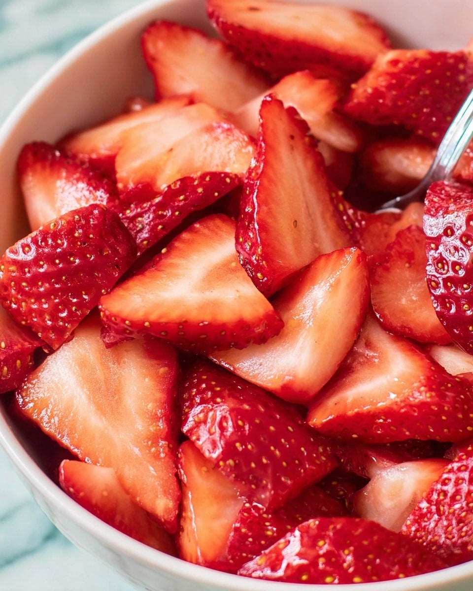 A close-up image of a white bowl filled with sliced strawberries. The strawberries are cut in halves and quarters, showing their bright red skin with tiny yellow seeds and juicy, pale red interior. The texture of the strawberries is smooth and glossy, with some slices showing a slightly translucent look. A silver spoon is partially visible inside the bowl on the right side. The background features a white marbled surface with a soft focus, emphasizing the fresh, vibrant strawberries. photo taken with an iphone --ar 4:5 --v 7