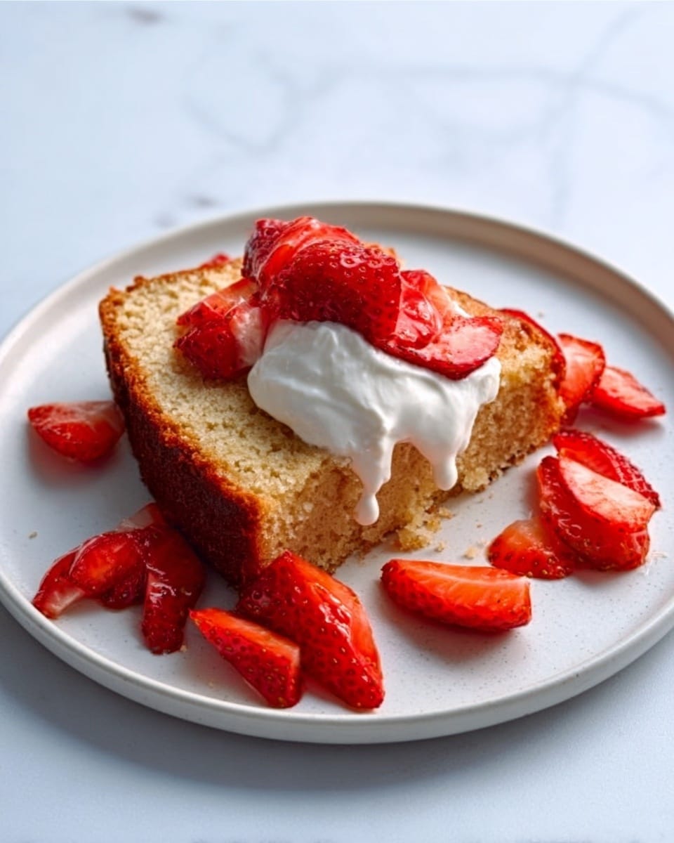 The image shows a white plate with a thick slice of light brown cake placed in the center. On top of the cake is a dollop of white whipped cream. Around the cake slice on the plate are bright red strawberry pieces, some sliced and some halved, adding a pop of color. The surface under the plate is a white marbled texture. Photo taken with an iphone --ar 4:5 --v 7