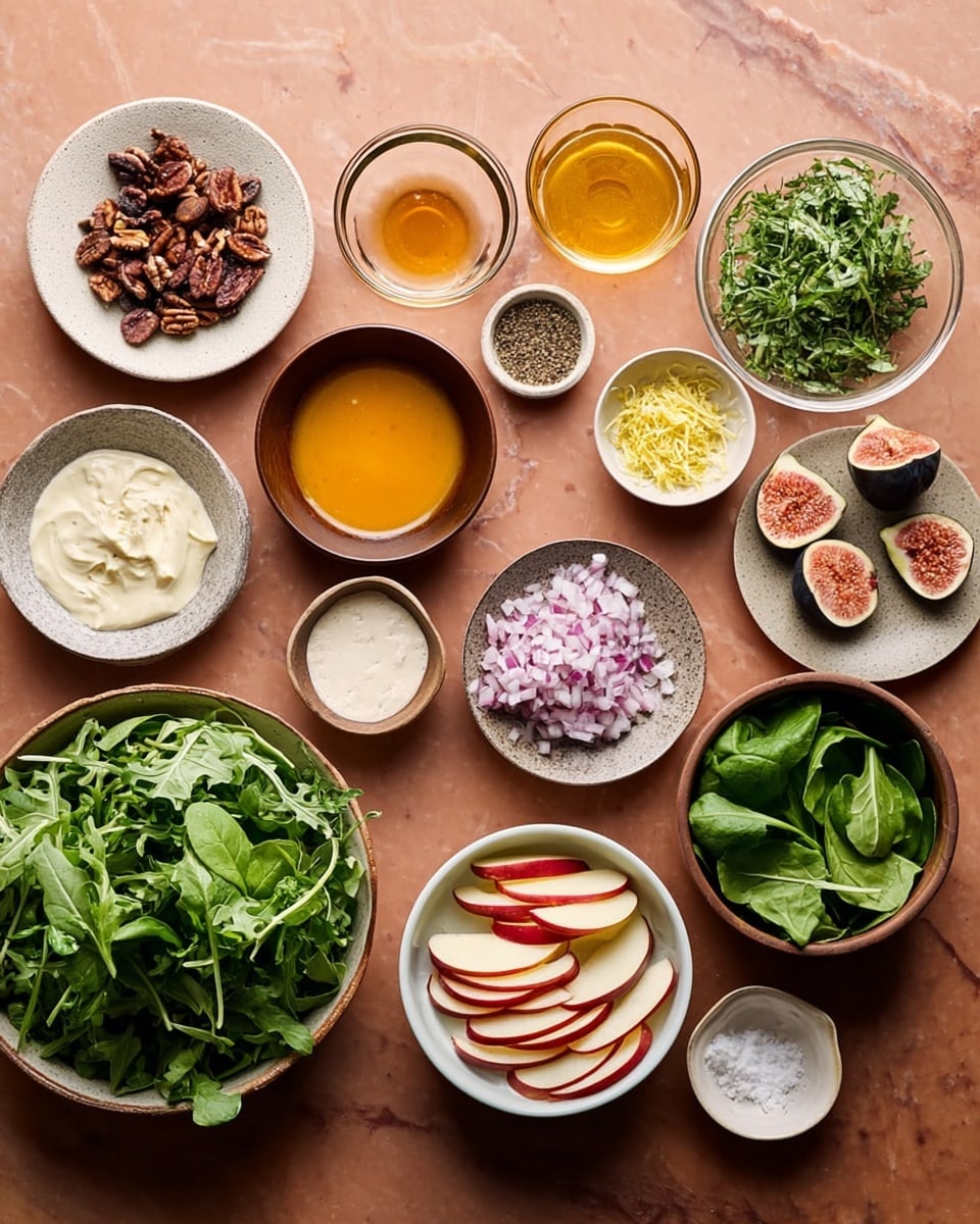 A top view of a spread of ingredients arranged on a white marbled surface. There are 12 small bowls and one large bowl. Starting from the left, a bowl with dark brown nuts, a white bowl with chopped green herbs, a glass bowl with orange-yellow dressing, a brown bowl filled with fresh green arugula leaves, a small bowl with light golden liquid, and another small wooden bowl with black pepper. In the center, a medium bowl has red apple slices layered neatly. Another small bowl contains finely chopped red onions, a small white bowl with creamy mustard sauce, a small bowl holding bright yellow zest, and a medium bowl filled with fresh green spinach leaves. A bowl with fresh figs, some cut to show the pink inside, is near the spinach. Finally, there is a small stone bowl with salt and a glass with pale golden oil. The scene is bright and clear, photo taken with an iphone --ar 4:5 --v 7