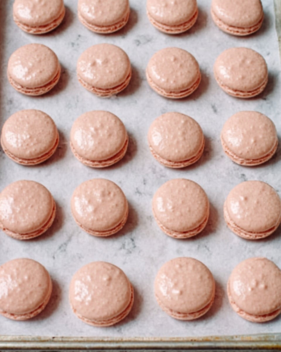 The image shows a metal baking tray filled with small, round, light pink macaron shells arranged in neat rows and columns. Each shell has a smooth surface with a slightly raised edge around the base, giving them a delicate texture. They are evenly spaced on a sheet of white parchment paper that lines the tray. The background features a white marbled texture. photo taken with an iphone --ar 4:5 --v 7
