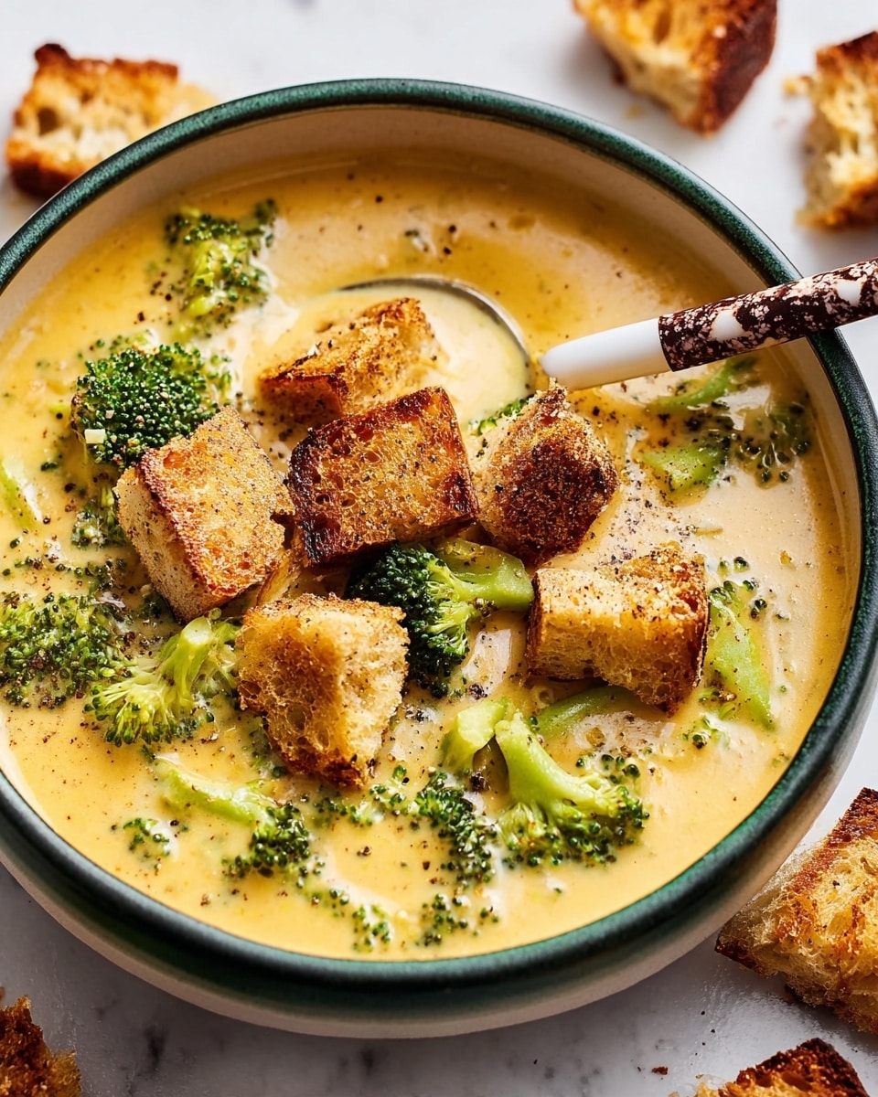 A white bowl with a dark green rim holds a creamy yellow soup filled with bright green broccoli pieces and topped with several golden-brown toasted bread chunks scattered on the surface. There is a spoon with a white and brown marbled handle resting inside the bowl, partly covered by the soup, and some black pepper sprinkled over the top. Around the bowl, pieces of the toasted bread are scattered on a white marbled surface. Photo taken with an iphone --ar 4:5 --v 7