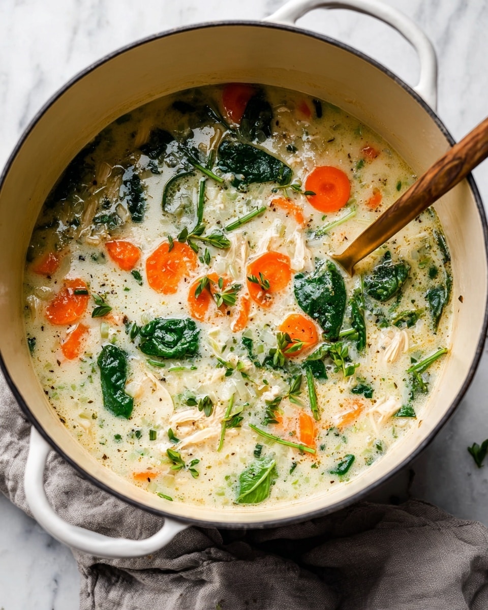 A large white pot filled with creamy soup that has a thick white base. The soup contains bright orange carrot slices, dark green spinach leaves scattered on top, and small pieces of light-colored chicken. Fresh small green herbs are sprinkled over the soup. A golden spoon rests inside the pot, stirring gently. The pot is placed on a soft gray cloth with a white marbled surface underneath. Photo taken with an iphone --ar 4:5 --v 7