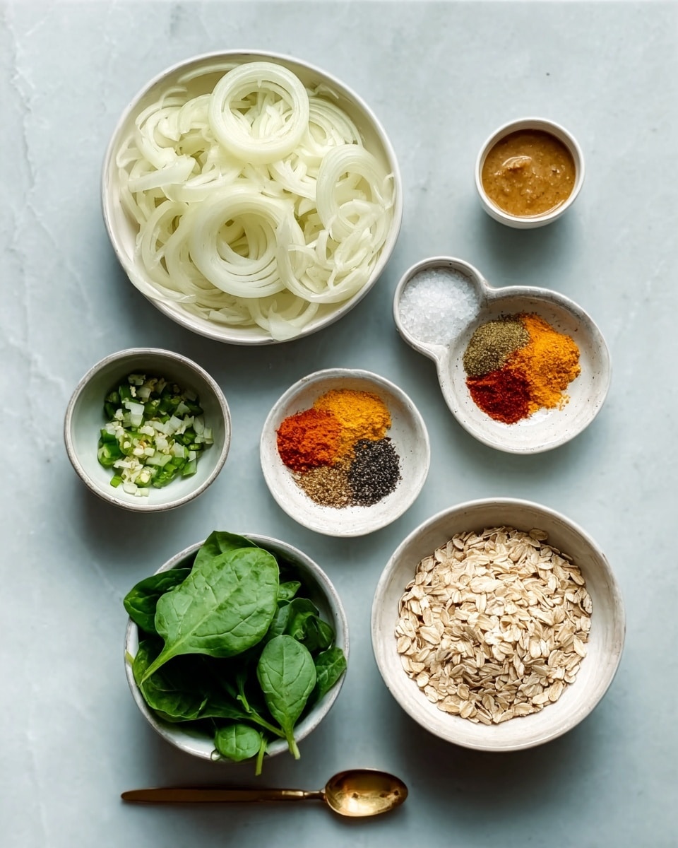 The image shows seven white bowls arranged on a white marbled surface. The largest bowl is filled with pale yellow sliced onions, placed slightly left in the center. Below it is a smaller bowl containing fresh green spinach leaves. To the right of the onions is a medium bowl with an assortment of dry spices piled clearly in groups: vibrant orange, yellow, black, and brown powders. Above the spices is a small bowl holding a light brown mustard or thick sauce. To the top left is a small bowl of chopped green chilies mixed with seeds. Below the chili bowl, a spoon with a golden handle rests on the surface. To the right of the spinach is a medium bowl filled with rolled oats or dry flakes. At the bottom right, a small bowl contains white salt or sugar. All bowls are white, and the setting is neat with a clean, bright look. Photo taken with an iphone --ar 4:5 --v 7