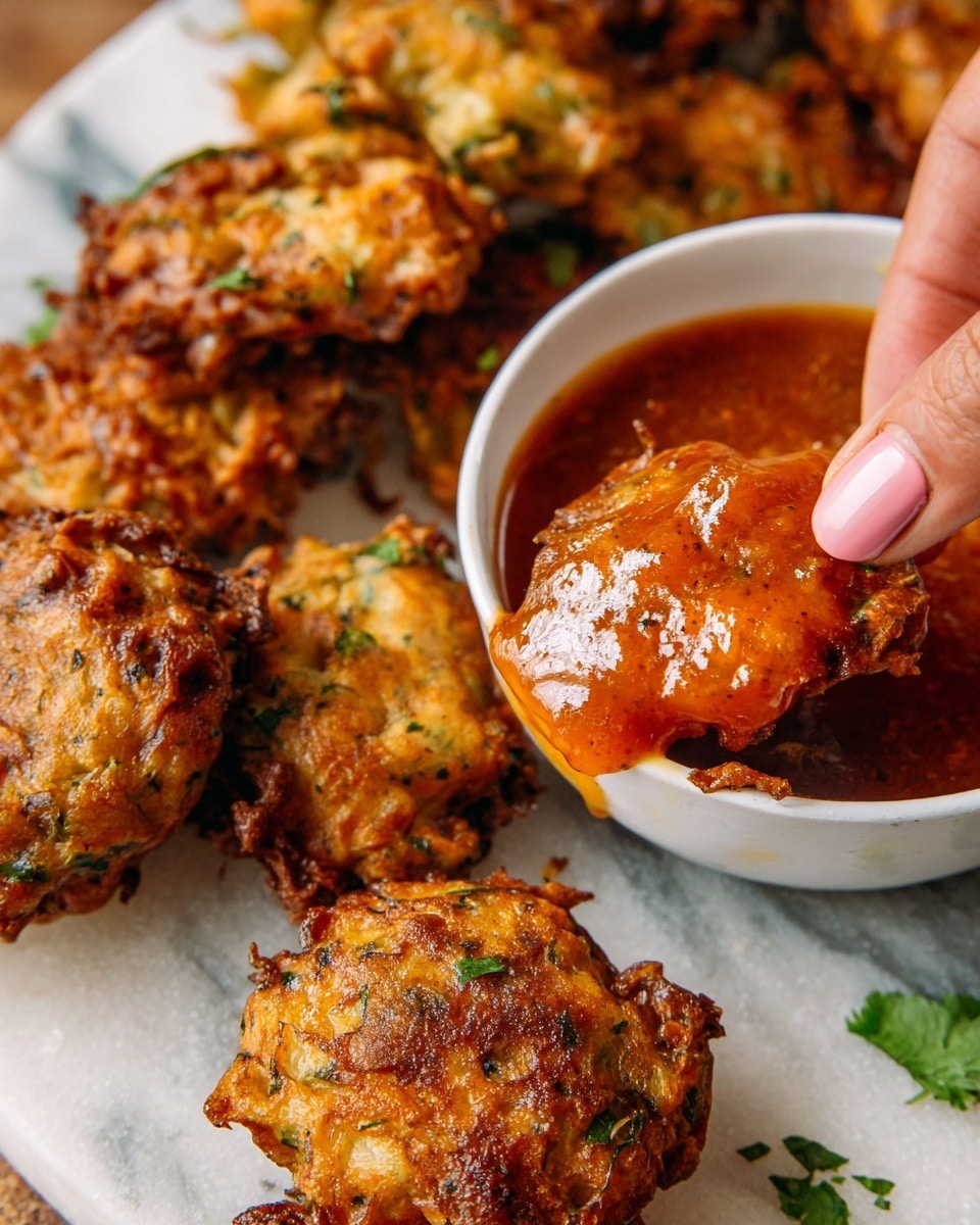 The image shows several golden-brown fritters with a rough, crispy texture and small green herb pieces on the surface, placed on a white marbled surface. One fritter is being dipped into a small white bowl filled with a shiny, thick, reddish-orange sauce. A woman's hand with light pink nails is holding the fritter, partially covered in the sauce. The fritters look slightly uneven in shape, indicating a homemade quality. photo taken with an iphone --ar 4:5 --v 7