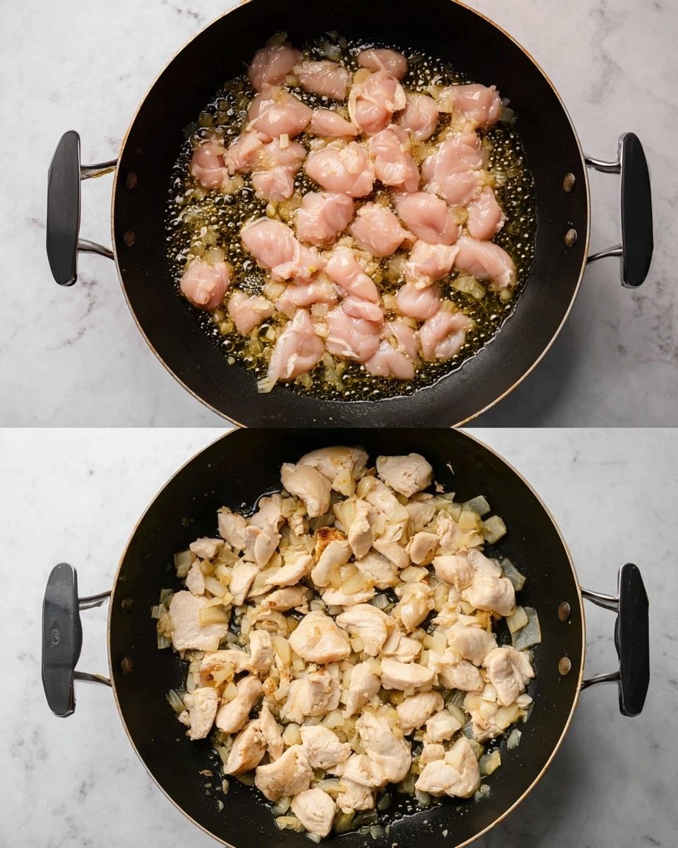 The image shows two layers of a cooking process in a large black pan with handles on both sides, placed on a white marbled surface. The top layer displays raw pink chicken pieces spread out thinly in the pan, cooking in bubbling butter or oil that has a shiny golden color and forms a thin layer at the bottom. The chicken pieces are light pink and moist, giving a soft, tender look. The bottom layer shows the same pan, now with fully cooked chicken pieces that are white with light golden brown spots, indicating a slight sear. The chicken pieces look firmer and are mixed with small bits of translucent cooked onions or garlic, which have turned a light golden color. The pan contrasts the white marbled surface beneath it. Photo taken with an iphone --ar 4:5 --v 7
