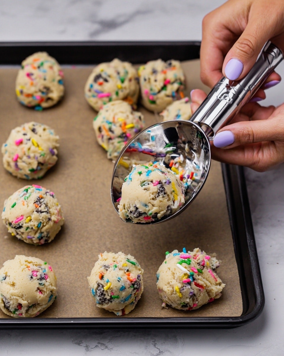 The image shows a black tray lined with brown parchment paper holding several evenly spaced scoops of cookie dough. Each dough scoop is pale beige with colorful sprinkles and small dark cookie crumbs mixed inside. A woman's hands with light purple nail polish are using a shiny silver cookie scoop to form one of the dough balls in the center of the tray. The background is a white marbled surface. photo taken with an iphone --ar 4:5 --v 7