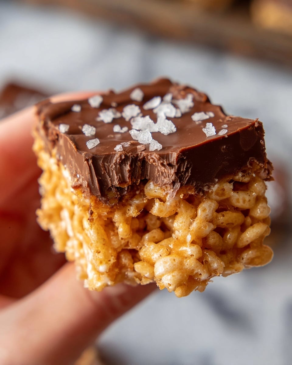 A close-up view of a square dessert bar held by a woman's hand, showing two main layers: the bottom layer consists of a golden, crispy rice cereal mixed with melted marshmallow, creating a textured and slightly sticky appearance, while the top layer is a smooth, thick, and rich milk chocolate coating sprinkled with coarse sea salt flakes that catch light and add contrast, all set against a blurred white marbled texture background, photo taken with an iphone --ar 4:5 --v 7