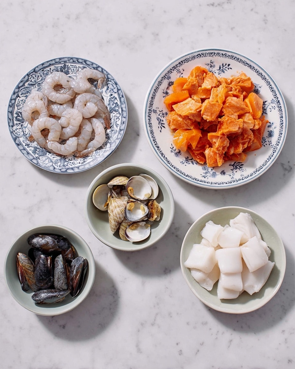 The image shows five white dishes with different seafood items on a white marbled surface. In the center is a medium white plate with blue floral details holding a pile of orange and pink pieces of marinated chicken. To the left, a white plate with blue patterns contains raw shrimp arranged in a circle. On the right, a plain white plate holds white, thick cut pieces of squid. Below, two small white bowls each hold a type of shellfish: one has light-colored clams, and the other has black mussels. The colors contrast well on the clean background. photo taken with an iphone --ar 4:5 --v 7