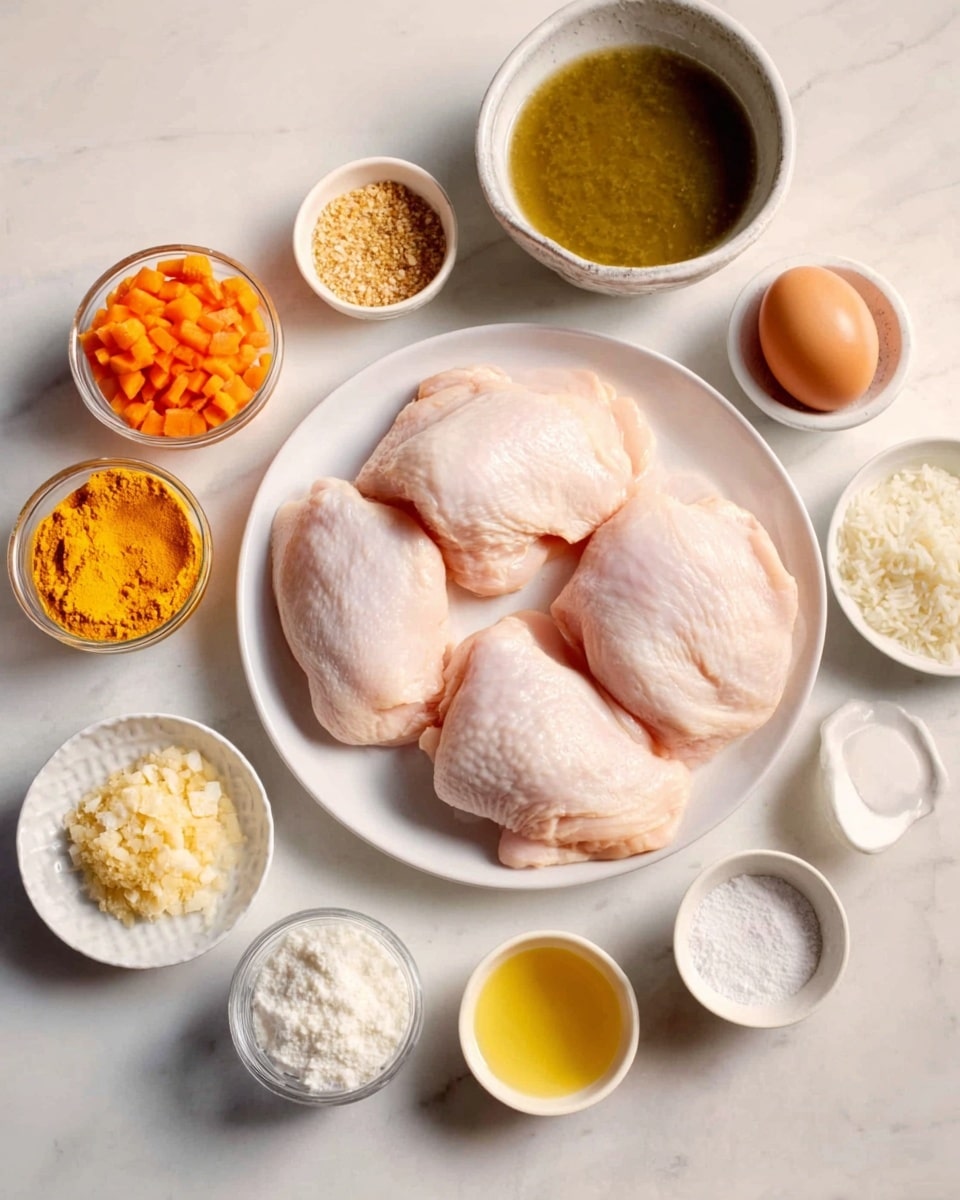 The image shows a white plate in the center holding four raw chicken pieces with a smooth pale pink color. Around the plate, there are small white bowls and one small white jar arranged neatly, each containing various ingredients: chopped carrots with a bright orange tone, a yellow powder (likely turmeric), a small amount of white rice, a raw egg, a golden-yellow crumbly ingredient, a brownish spice, and some finely diced onions. There is also a bowl filled with a greenish-brown liquid, a small white bowl containing salt, another with oil, and a pinch bowl with a white powder. All items are placed on a white marbled textured surface, and the lighting is soft, giving the scene a clean and organized look. photo taken with an iphone --ar 4:5 --v 7