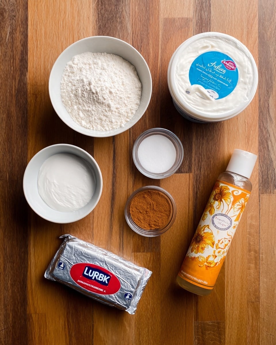 The image shows several cooking ingredients placed on a wooden surface. There is a white bowl filled with flour at the top left, a small clear bowl with a white powder (likely baking powder) below it, and another white bowl filled with white sugar below that. To the right of the flour is a small clear container with a brown powder, likely cinnamon. At the top right is a round container of authentic Greek yogurt with a blue label. Below the yogurt container, there is a silver packet of Lurpak butter with a red and blue logo, and next to it on the far right is a bottle of vegetable oil spray with an orange label featuring yellow flowers. The background is wood but should be imagined as a white marbled texture. Photo taken with an iphone --ar 4:5 --v 7