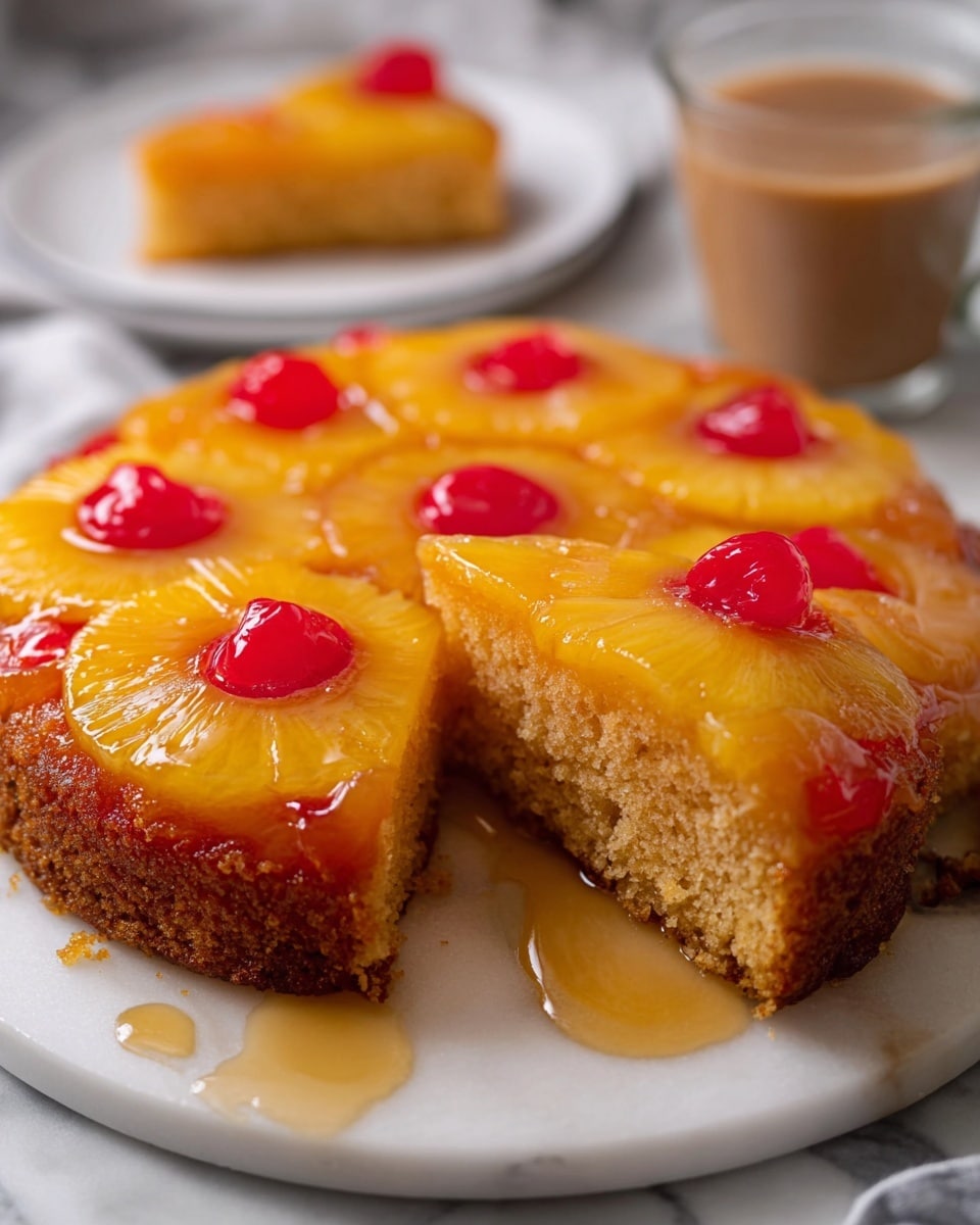 The image shows a round cake pan filled with an unbaked pineapple upside-down cake. The bottom layer is a ring of small yellow pineapple chunks placed around the edge inside the pan. On top of that, there are six large yellow pineapple rings evenly spaced in a circular pattern covering most of the pan’s bottom. Inside each pineapple ring, there is a bright red cherry placed in the center. Additional red cherries fill the spaces between the large pineapple rings. The pan is on a wooden surface, but the background is envisioned as white marble. Photo taken with an iphone --ar 4:5 --v 7