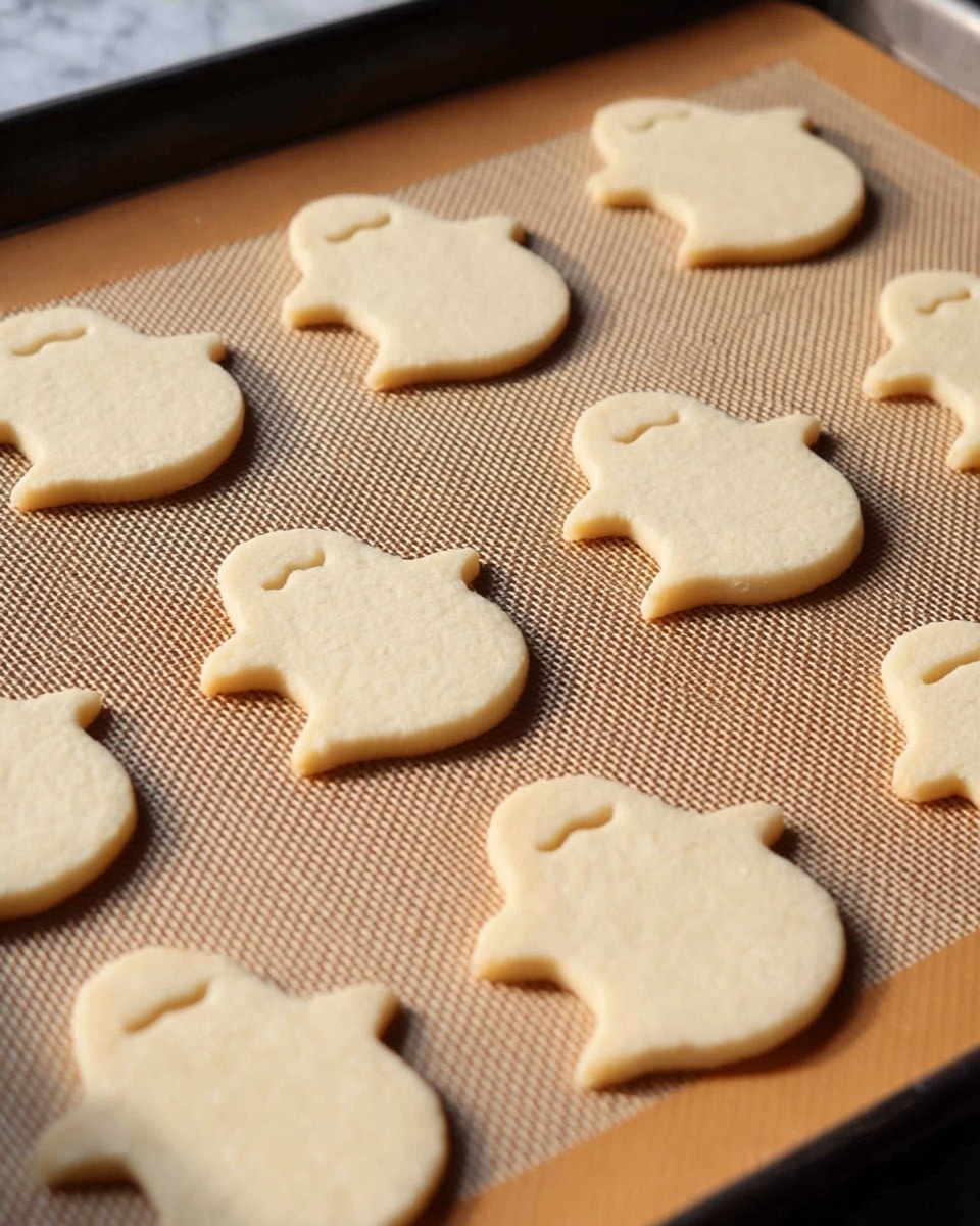 The image shows a tray filled with several uncolored, baked cookies shaped like small ghosts. Each cookie is a single layer with a smooth, pale beige surface and slightly browned edges. The cookies are evenly spaced on a textured tan baking mat that covers a dark metal tray. The overall background is a white marbled surface. Photo taken with an iphone --ar 4:5 --v 7