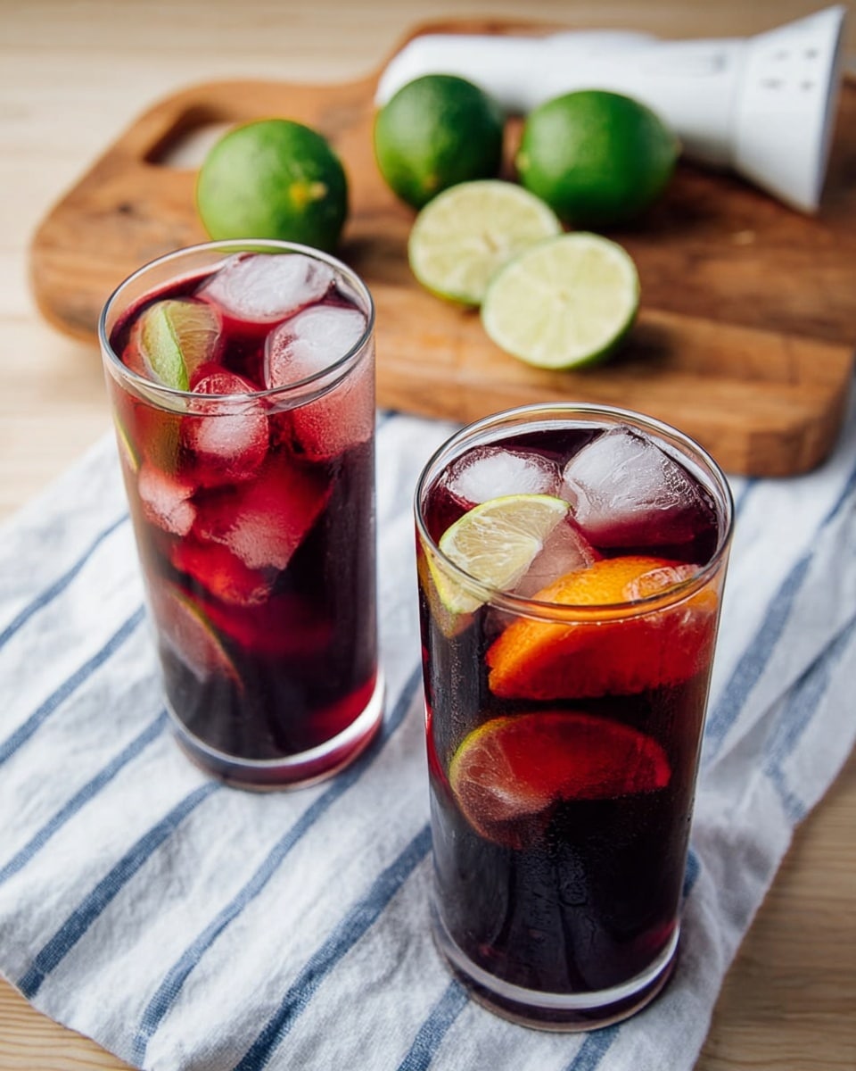 Two tall clear glasses filled with dark red liquid and large ice cubes. Each glass has slices of lime and orange floating near the top, adding green and orange colors inside the drink. The glasses are placed on a wooden surface. In the background, there is a wooden board holding two green limes, one cut in half, and a white citrus juicer resting on a white cloth with blue stripes. The setting is bright and casual. photo taken with an iphone --ar 4:5 --v 7