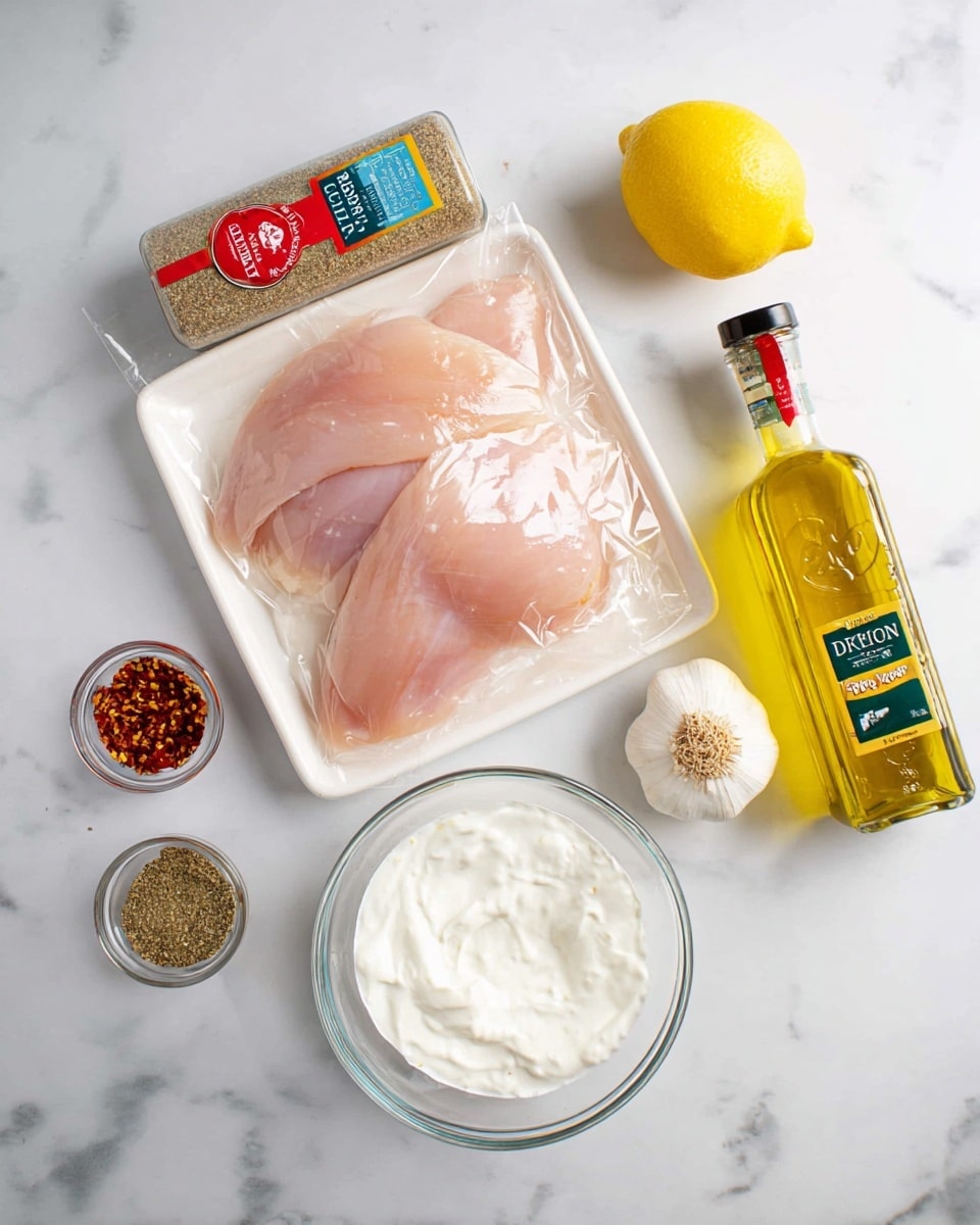 The image shows raw thin sliced chicken breasts in a clear wrap over a white tray with a red and green label at the bottom right corner. Around it are a glass bottle of golden olive oil to the top right, a whole yellow lemon near the center top, and a clear glass jar of Greek spice blend on the top left. At the bottom right corner, there is a whole white garlic bulb, below the lemon. At the bottom center, there is a clear round bowl filled with thick white yogurt, and to the left of the bowl, a small clear container with red chili flakes. The background is a white marbled texture. photo taken with an iphone --ar 4:5 --v 7