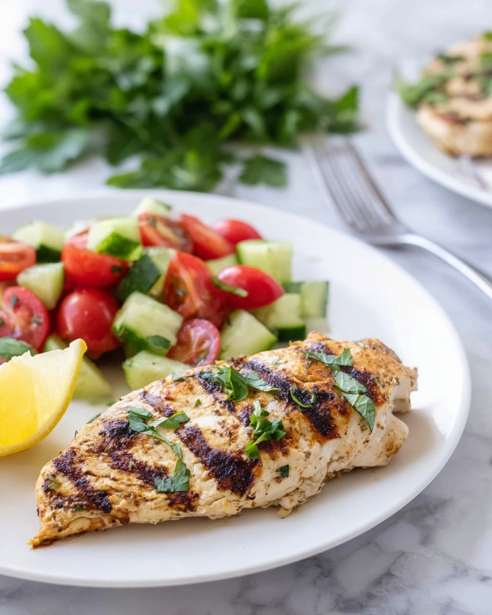 A white plate holds a grilled chicken fillet with light char marks and small green herb leaves sprinkled on top, positioned on the right side. To the left, there is a small fresh salad made of chopped cucumber pieces and halved cherry tomatoes, with green herbs mixed in. A bright yellow lemon wedge rests on the far left of the plate. In the background, more green herbs and a metal fork are visible on a white marbled surface. Photo taken with an iphone --ar 4:5 --v 7