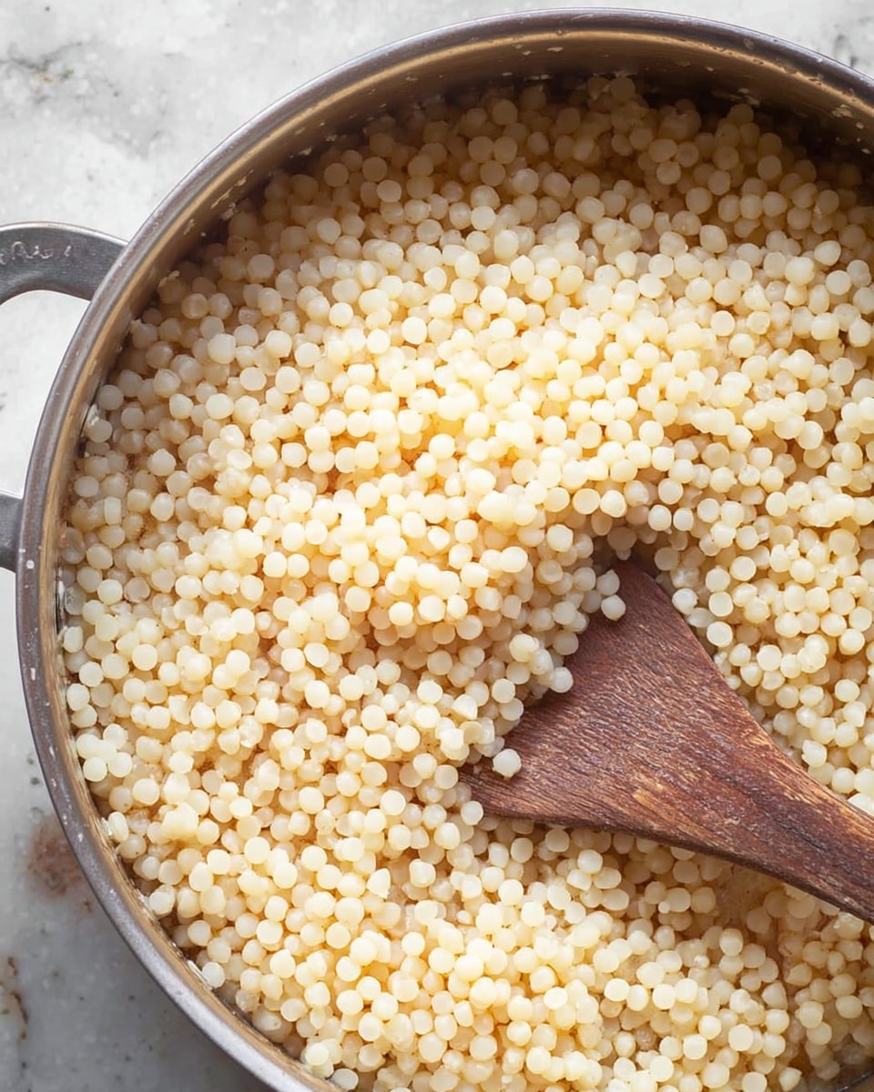 A close-up view of small, round, light beige pearls of cooked couscous filling a silver pot. The couscous has a soft, slightly shiny texture and is tightly packed across the pot. A wooden spoon with a smooth, slightly worn surface rests inside the pot, partially covered by the couscous, with its handle angled toward the bottom right. The background shows a white marbled surface under the pot. photo taken with an iphone --ar 4:5 --v 7