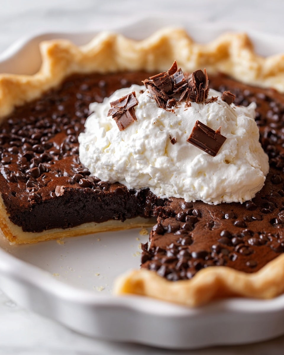 A close-up of a white ceramic pie dish filled with a dark brown chocolate pie that has a slightly cracked top layer studded with chocolate chips; one slice is removed, showing a dense, moist, and smooth dark chocolate filling. On the exposed slice, a thick, fluffy mound of white whipped cream sits near the crust's edge, topped with several small, curled chocolate shavings. The crust around the edges is golden and flaky, rising slightly above the filling with a gently crimped edge. The pie is placed on a white marbled surface. photo taken with an iphone --ar 4:5 --v 7