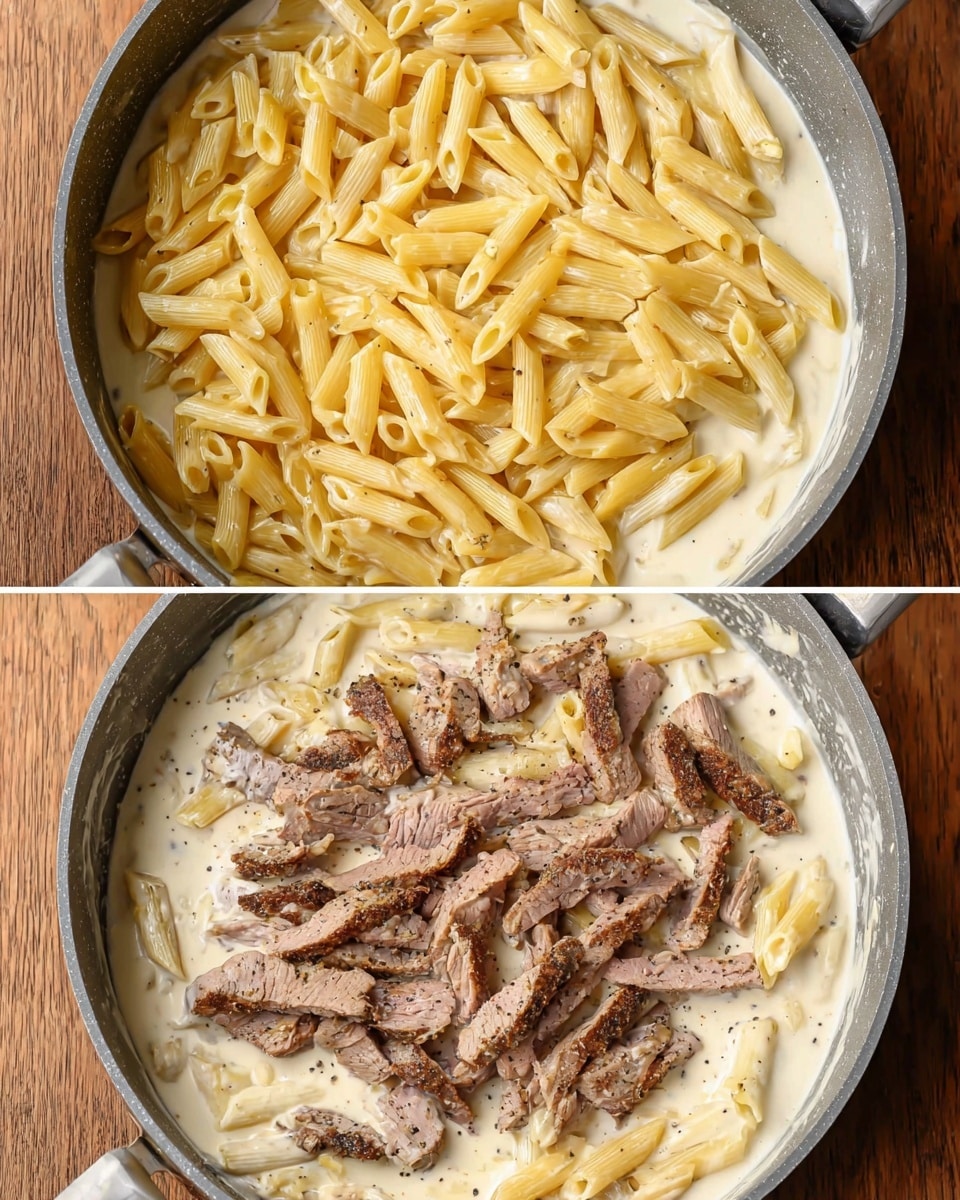 The image shows two stages of making a creamy pasta dish in a gray pan on a wooden surface. The top part displays one layer of light yellow cooked penne pasta sitting on a thick, white creamy sauce with small black specks, filling the pan almost fully but leaving a bit of the pan’s edge visible. The sauce looks smooth and rich, covering the bottom and sides of the pan. The bottom part displays the same penne pasta now fully mixed with the creamy sauce, looking creamy white with black seasoning dots all over. On top of this mixed pasta sits a second layer of sliced cooked beef strips, arranged loosely in the center of the pan; the beef has a browned, roasted texture with some darker seared parts and tender pinkish-gray inside. The background is a white marbled texture. photo taken with an iphone --ar 4:5 --v 7