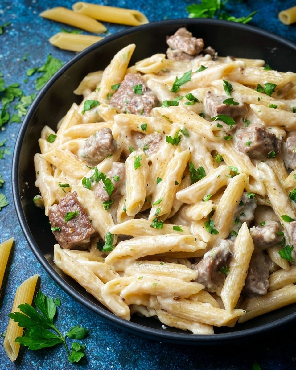 A close-up view of a black bowl filled with creamy penne pasta and pieces of cooked meat mixed together, all coated in a light beige sauce with a smooth texture. The pasta is a pale yellow color, and the meat pieces are brown with soft edges. Small green parsley leaves are scattered evenly on top, adding a touch of fresh color. The bowl sits on a blue textured surface with a few uncooked penne pieces and parsley leaves around the bowl. photo taken with an iphone --ar 4:5 --v 7