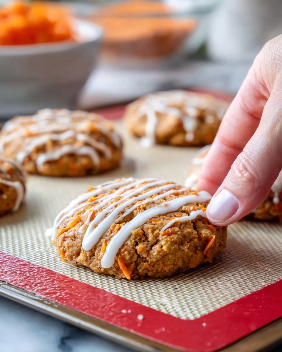 The image shows a close-up of a baked cookie being picked up by a woman's hand. The cookie is round with a rough, slightly cracked surface, and it has orange bits baked inside. White icing is drizzled in lines across the top of the cookie, creating a shiny contrast with the textured cookie base. Several similar cookies with the same icing and orange bits are placed on a white marbled silicone baking mat with a red border on a flat surface. Photo taken with an iphone --ar 4:5 --v 7