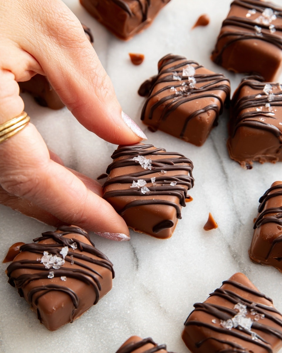 Square-shaped chocolates are shown, each with a smooth milk chocolate base layer and thin stripes of dark chocolate drizzled on top, creating a textured pattern. Each piece is topped with small flakes of sea salt, adding a light contrast to the glossy brown surface. The chocolates rest on a white marbled textured surface. A woman's hand with a gold ring gently holds one chocolate piece between thumb and finger, with a touch of shiny nail polish visible. The photo is close up, highlighting the rich, glossy textures and small details like scattered chocolate drops around the pieces. photo taken with an iphone --ar 4:5 --v 7