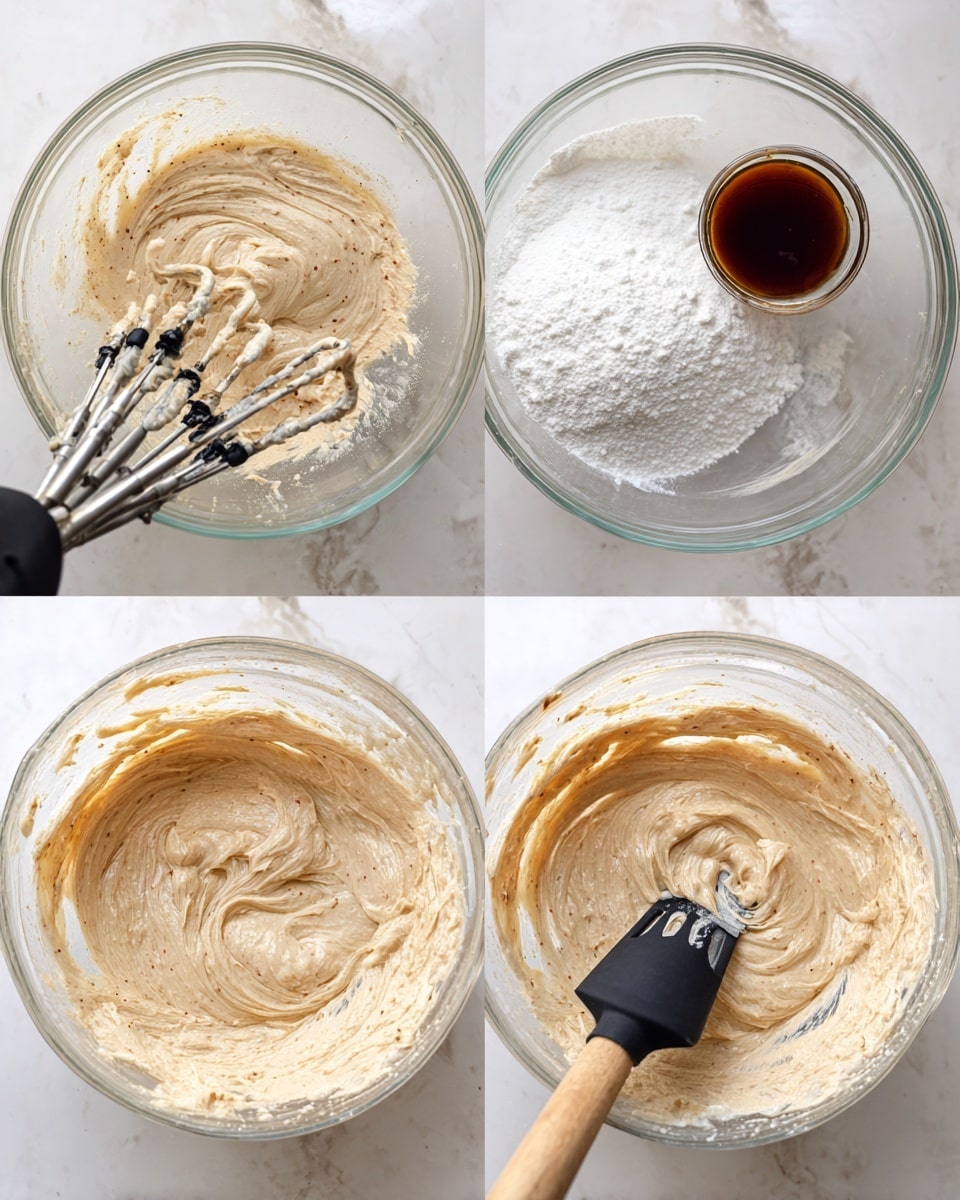 A clear glass bowl is shown in four stages of mixing a creamy batter on a white marbled surface. In the first stage, a creamy light beige mixture with small brown specks is being gently mixed with an electric beater with two beaters inside the bowl. In the second stage, a pile of white powdered sugar and a small pool of dark vanilla liquid sit on top of the beige mixture in the bowl, with one electric beater visible at the bottom right. In the third stage, the mixture becomes smoother and thicker, with the electric beater now deeper in the creamy beige batter, showing swirls of color and texture. In the fourth stage, a black silicone spatula with a wooden handle is partially submerged in the smooth light beige batter, showing fine brown specks evenly spread, the surface marked with soft waves from stirring. Photo taken with an iphone --ar 4:5 --v 7