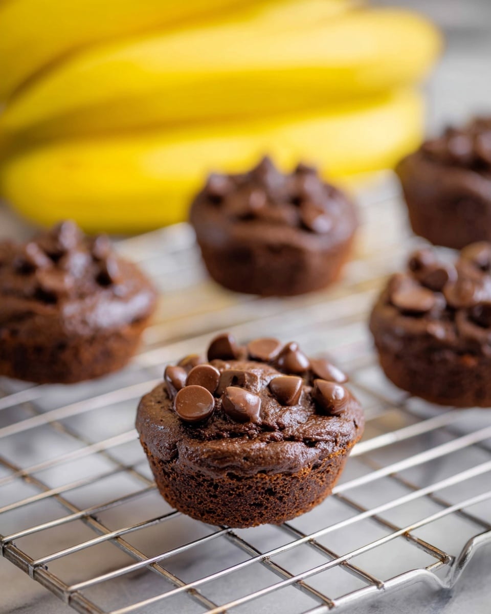 The image shows several small chocolate muffins placed on a metal cooling rack set against a white marbled surface; each muffin has a single thick layer that is dark brown and moist in texture, with shiny, chocolate chips scattered on top, giving a slightly bumpy look. In the background, a bunch of ripe yellow bananas adds a soft contrast of color, with the focus mainly on the muffin in the front center, showing details of the crumbly edge and multiple chocolate chips clustered on the top. The lighting is soft and natural, highlighting the rich texture of the chocolate and the smooth metal wires of the rack. photo taken with an iphone --ar 4:5 --v 7