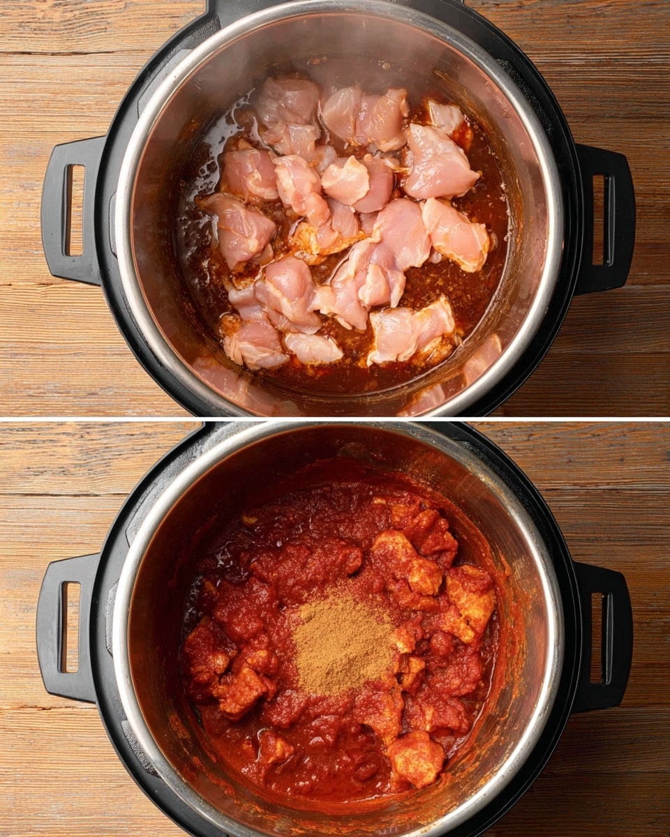 The image shows two views inside a round stainless steel cooking pot with black handles on a wooden surface. In the top view, there is one layer of raw light pink chicken pieces placed on top of a dark brown sauce that appears thick with a slightly oily texture and some visible bits in the pot's bottom. In the bottom view, the chicken has changed to a cooked darker reddish-brown color and is mixed into a thick, smooth, red sauce that covers half of the chicken, with a small pile of light brown powder spice in the center. The pot and its contents are the main focus, with steam slightly visible above the food. Photo taken with an iphone --ar 4:5 --v 7