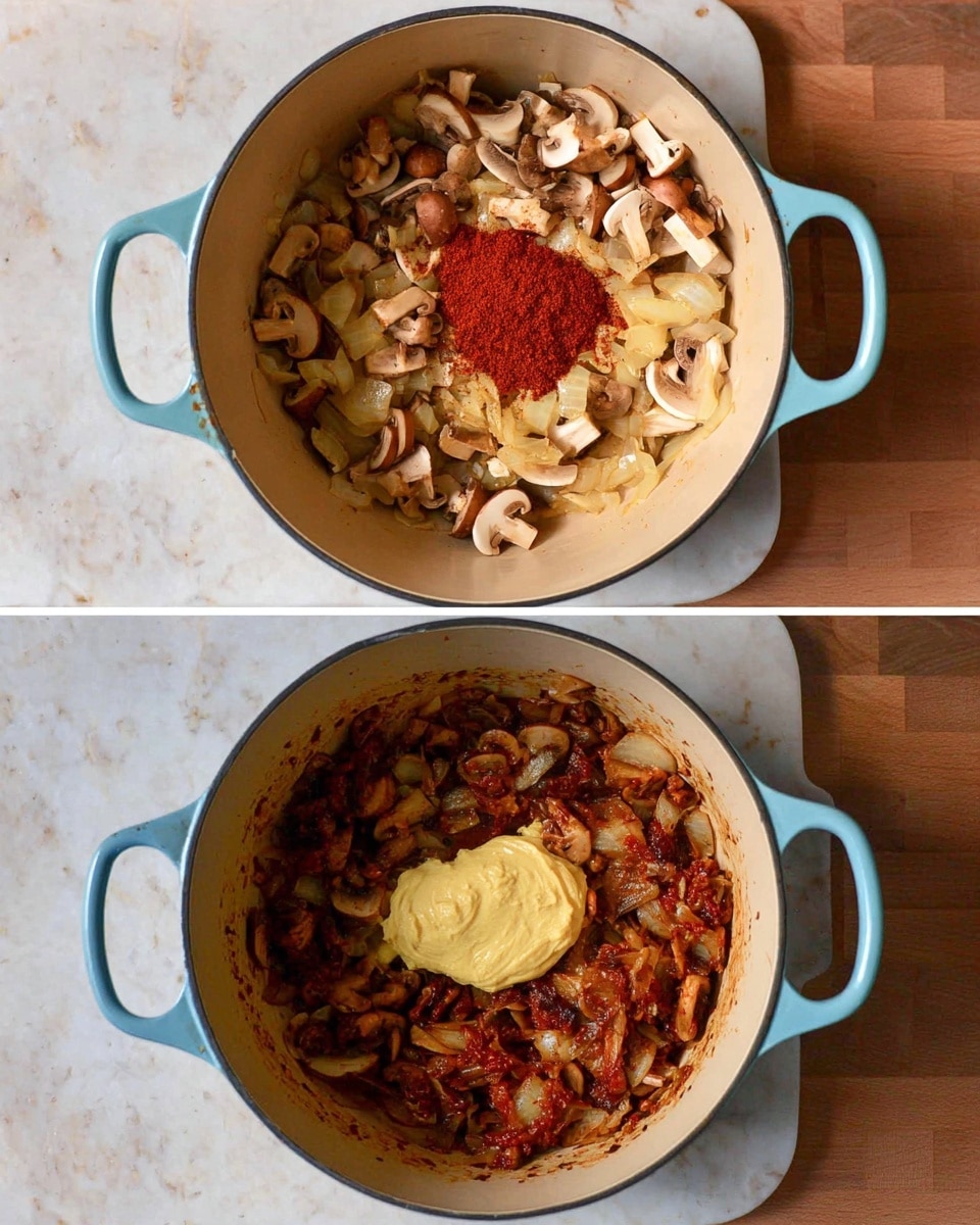 A two-part image shows a light blue pot with cooked chopped mushrooms and onions inside. In the top part, the mushrooms and onions are light brown, mixed with a small pile of dark red powder and red paste in the center on a white pot interior. In the bottom part, the mixture is darker brown with some tomato pieces, and a dollop of pale yellow paste sits in the middle. The pot is on a white marbled surface. photo taken with an iphone --ar 4:5 --v 7