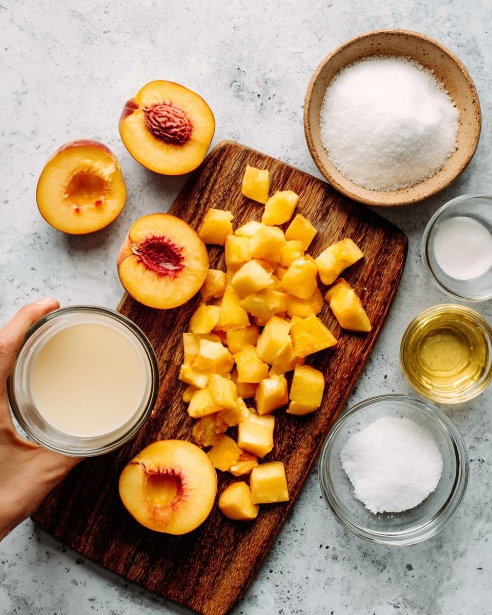 The image shows a dark wooden cutting board on a white marbled surface. On the board, there are several halved peaches with their orange-yellow flesh and reddish centers visible, arranged around a pile of small diced peach pieces. To the right of the board, there are four clear containers holding different ingredients: a light cream liquid, a light honey-colored liquid, a small pile of white salt, and a bowl filled with white granulated sugar. A woman’s hand is holding a peach half near the top left corner. The scene has a clean and fresh look with soft natural lighting. photo taken with an iphone --ar 4:5 --v 7