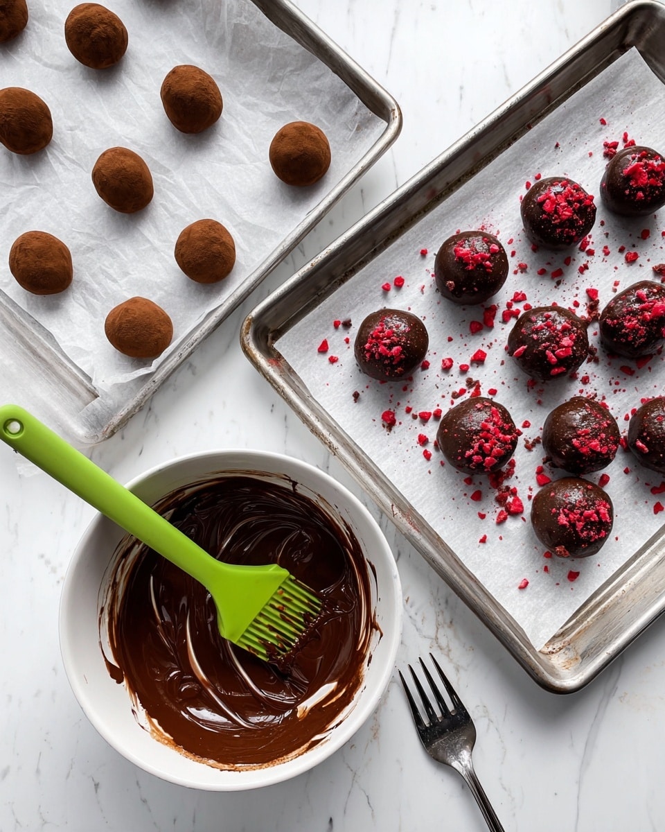 The image shows two trays with rows of dark brown chocolate balls on white parchment paper; the tray on the left has plain chocolate balls with a smooth matte texture, while the tray on the right has chocolate balls coated in glossy chocolate and topped with small red crumbs. Below the trays is a white bowl filled with melted chocolate, with a green spatula coated in chocolate resting inside. A fork with chocolate smudges lies beside the bowl on a white marbled surface. photo taken with an iphone --ar 4:5 --v 7