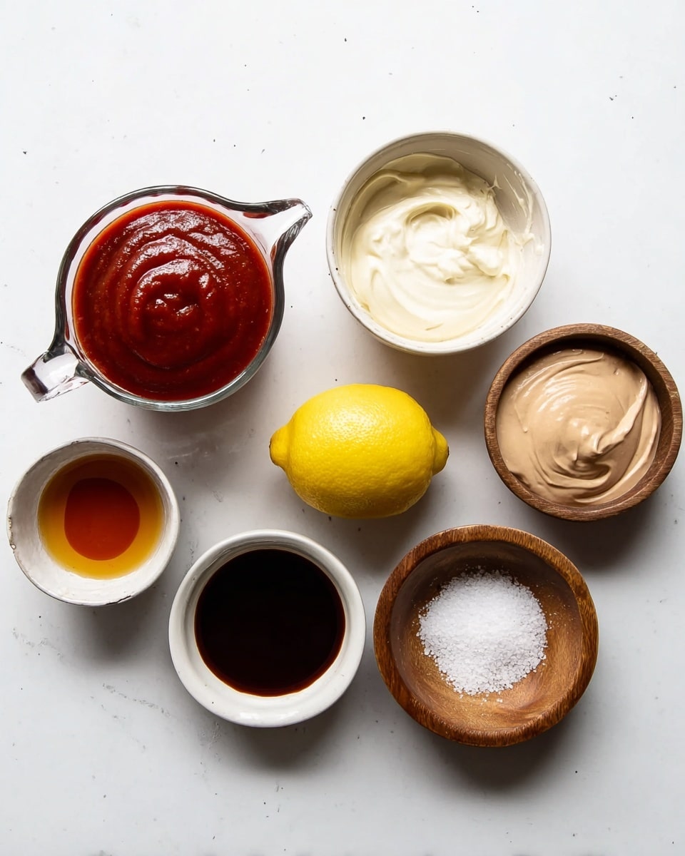 The image shows an overhead view of eight small containers holding various ingredients arranged in a slight arc on a white marbled surface. On the left is a clear glass measuring cup filled with a thick, smooth, deep red sauce. Next to it is a small white bowl with a creamy white thick mixture. In the center is a whole bright yellow lemon. Below the lemon is a tiny light brown wooden bowl with a thin amber liquid. To the right, in a white bowl, is a dark brown liquid that looks smooth. Above it is a small white bowl with a light beige, smooth, thick paste. To the right of this is a wooden bowl with a pale brown creamy sauce, and next to it is a wooden bowl with coarse white salt. The setup is simple and clean. Photo taken with an iphone --ar 4:5 --v 7