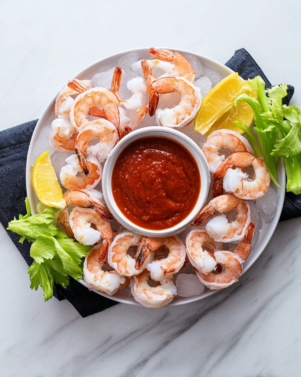 A white round plate is filled with a single layer of ice cubes, topped with a layer of pink and white cooked shrimp arranged in a circle, tails facing outward. In the center of the plate, a small white bowl holds a bright red dipping sauce. Two yellow lemon wedges and green celery leaves are placed on one side of the shrimp circle, adding color and texture. The whole scene is set on a white marbled surface. photo taken with an iphone --ar 4:5 --v 7