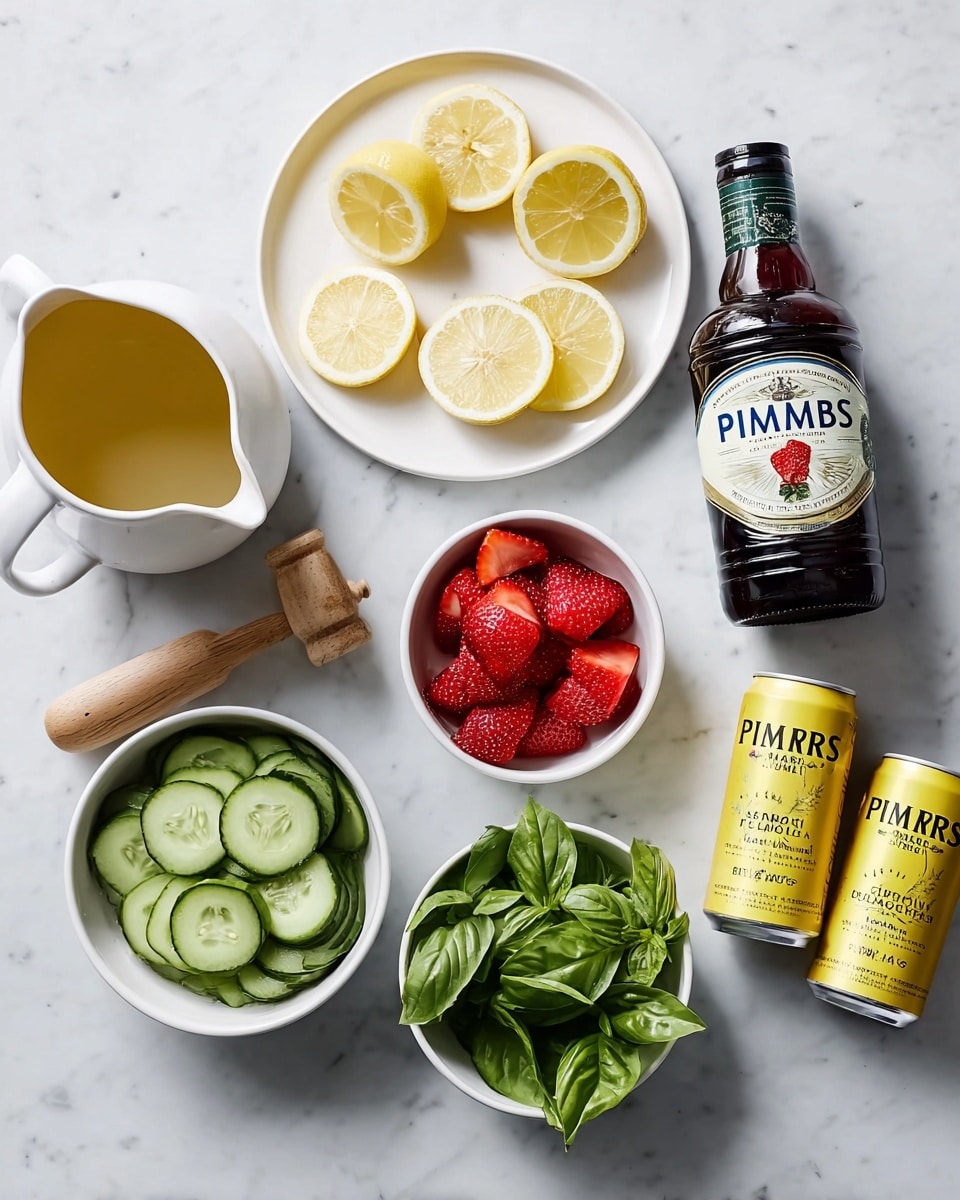 The image shows ingredients arranged on a white marbled surface set for making a drink. There is a white pitcher with a pale yellow liquid at the top left, next to a white plate with thin lemon slices and squeezed lemon halves with a wooden juicer on them. Below are three small white bowls in a row: the left bowl contains neat slices of cucumber showing green edges and light centers, the middle bowl has bright red, quartered strawberries, and the right bowl holds fresh green basil leaves. To the right, there is a dark brown bottle labeled