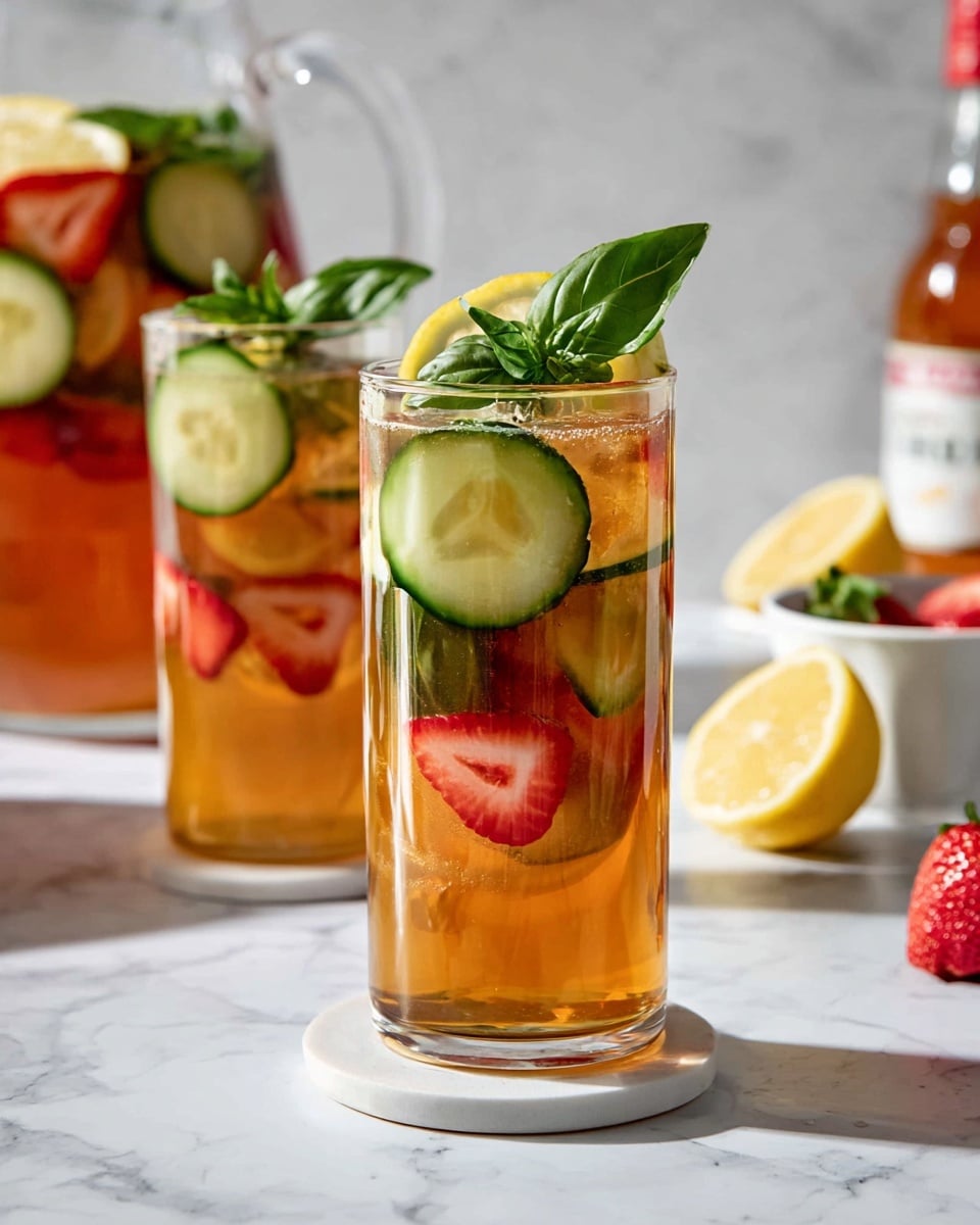 The image shows a tall clear glass filled with an amber-colored drink, layered with thin green cucumber slices and red strawberry slices floating inside. Fresh green basil leaves and a yellow lemon round slice are placed on top and on the rim of the glass. The glass sits on a small white round coaster, all set on a white marbled surface. In the background, there is a large clear pitcher filled with the same drink and fruit slices, a white bowl cut in half with a yellow lemon inside, and another glass with a similar drink and garnish. A red strawberry and a partial bottle with visible label stand nearby. Photo taken with an iphone --ar 4:5 --v 7