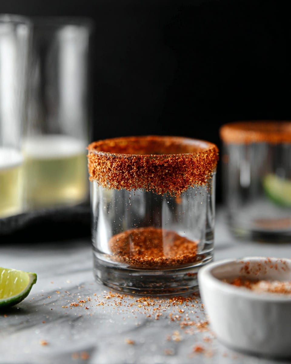 A clear glass is shown with a thick, rough layer of reddish-brown spice mix coating its rim, giving a textured look. The glass is empty inside, and the background has other similar glasses slightly out of focus, some containing light-colored liquids with foam. The scene includes a white bowl filled with the same spice mix and a piece of lime lying on a white marbled surface. The overall background is dark, making the spice rim and glass clear and sharp. Photo taken with an iphone --ar 4:5 --v 7